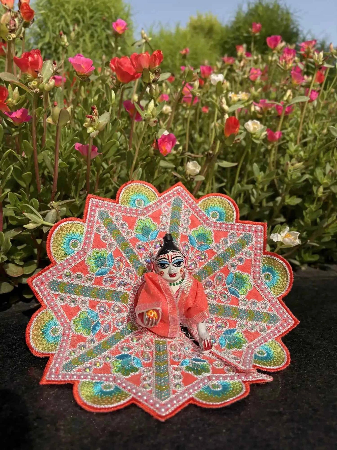 Size 4 - Fancy Laddu Gopal Poshak – Coral with Blue-Green Floral Embroidery