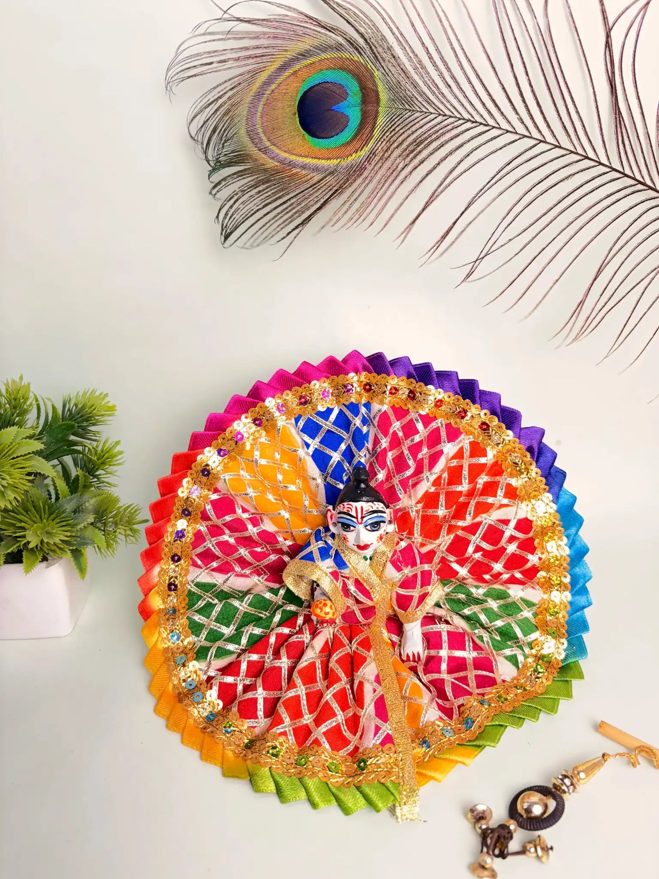 Multicolor Netted Laddu Gopal Ji Poshak Size 4 | Rainbow Designer Dress with Golden Lace