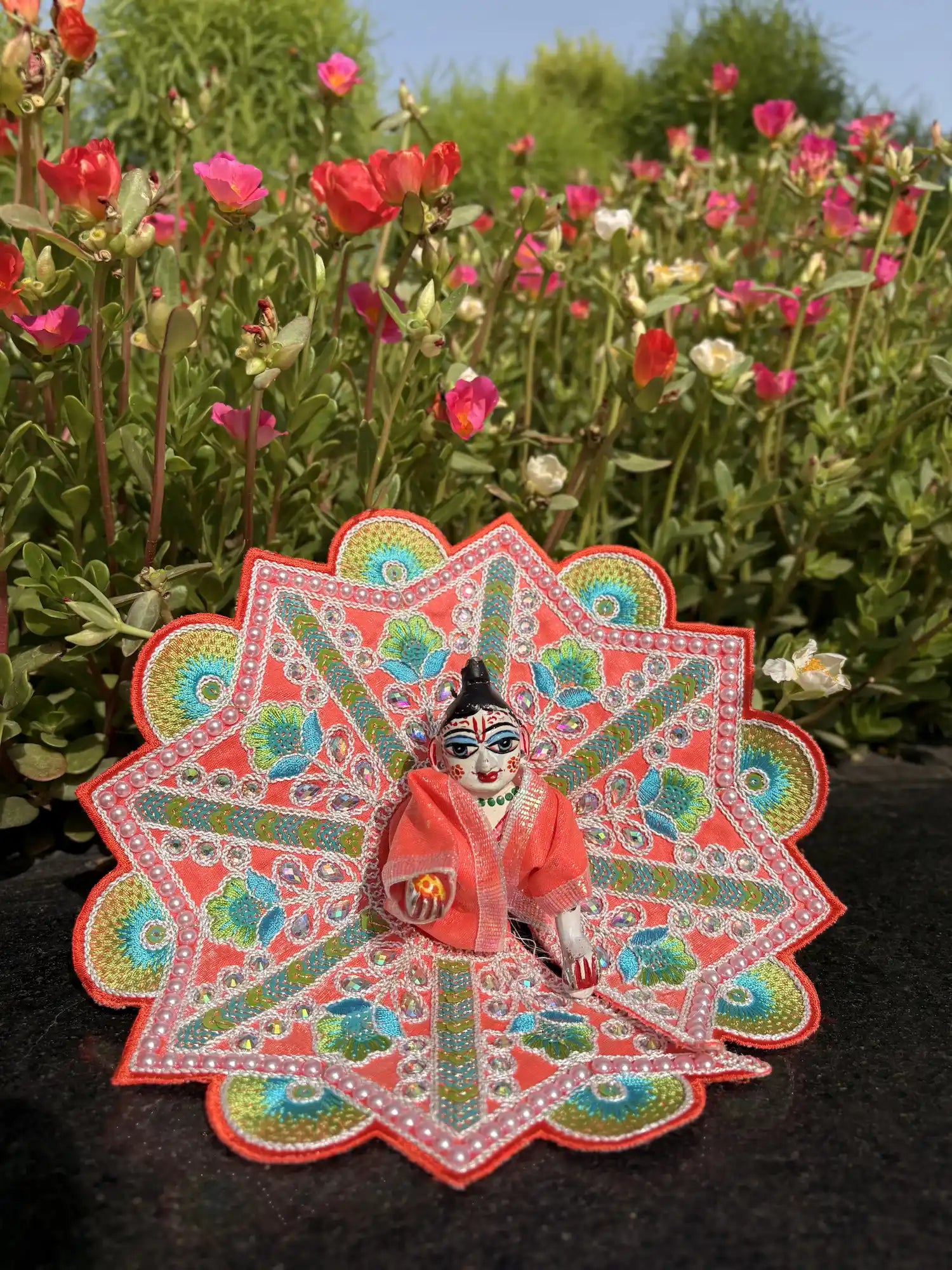 Size 4 - Fancy Laddu Gopal Poshak – Coral with Blue-Green Floral Embroidery