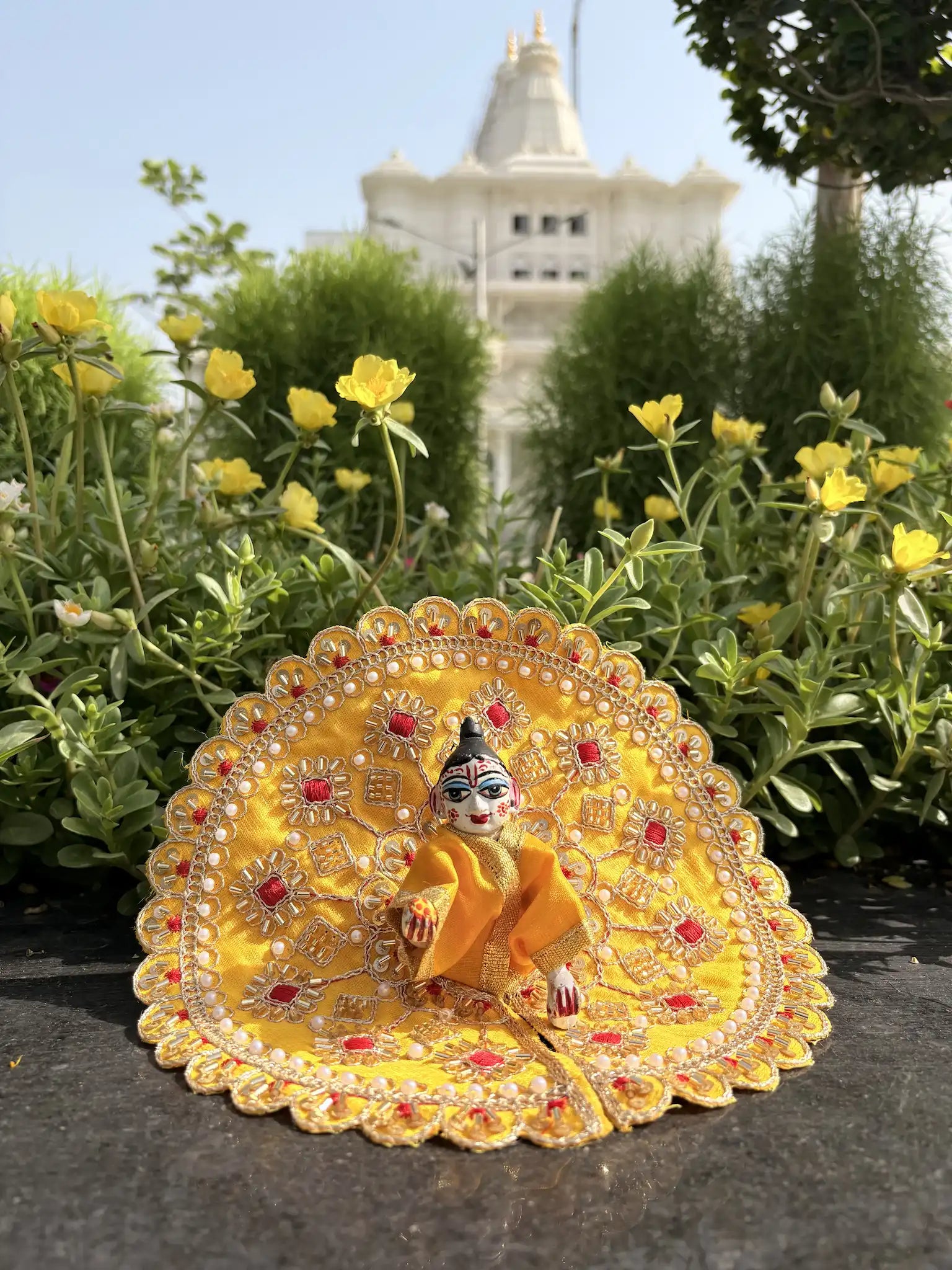 Size 4 - Fancy Heavy Laddu Gopal Poshak – Golden Yellow with Red Stone Embroidery