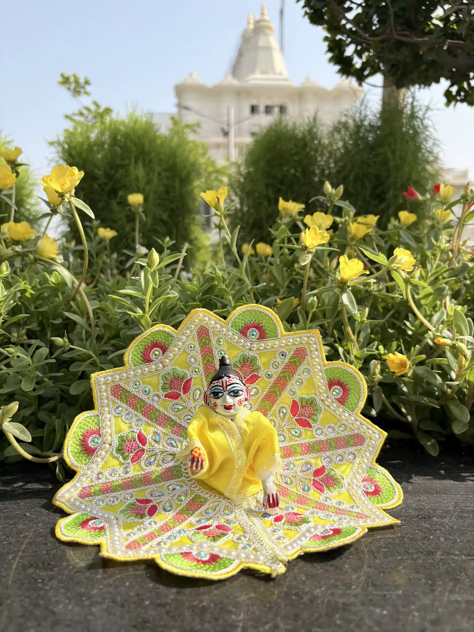 Size 4 - Fancy Laddu Gopal Poshak – Yellow with Red & Green Floral Embroidery