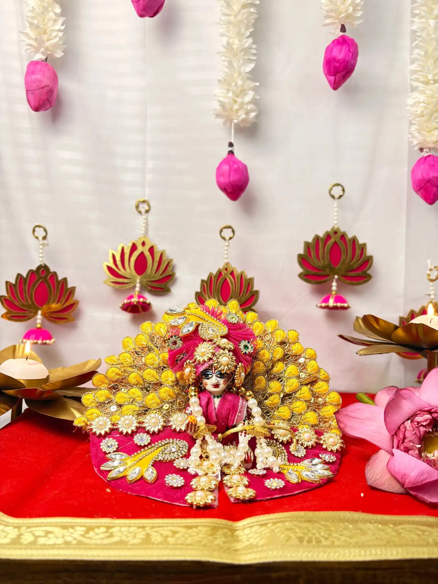 Laddu Gopal Heavy Poshak Set – 3 Piece Outfit with Pagdi, Mala & Dress