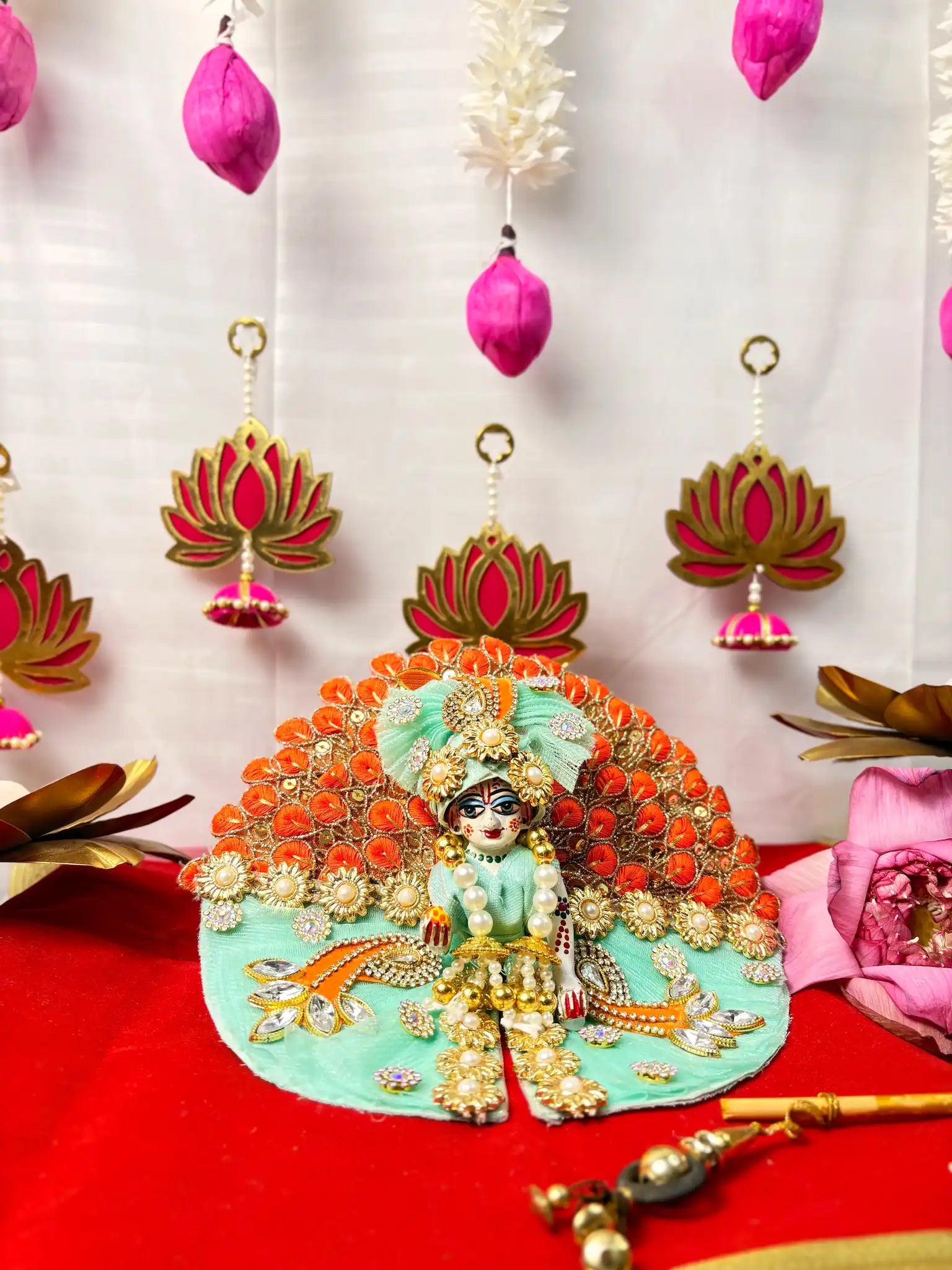 Laddu Gopal Heavy Poshak Set – 3 Piece Outfit with Pagdi, Mala & Dress