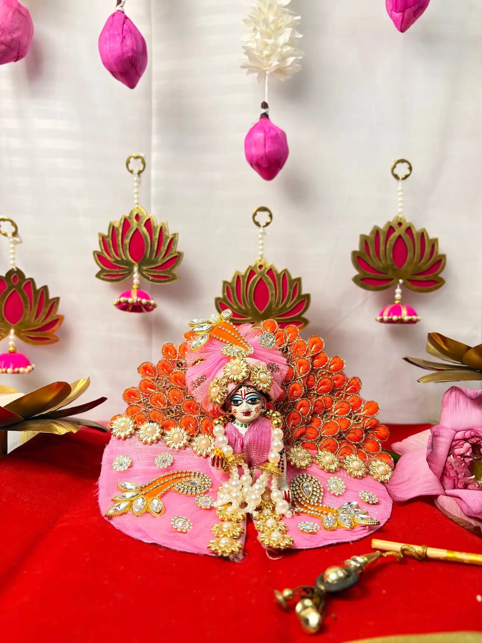 Laddu Gopal Heavy Poshak Set – 3 Piece Outfit with Pagdi, Mala & Dress