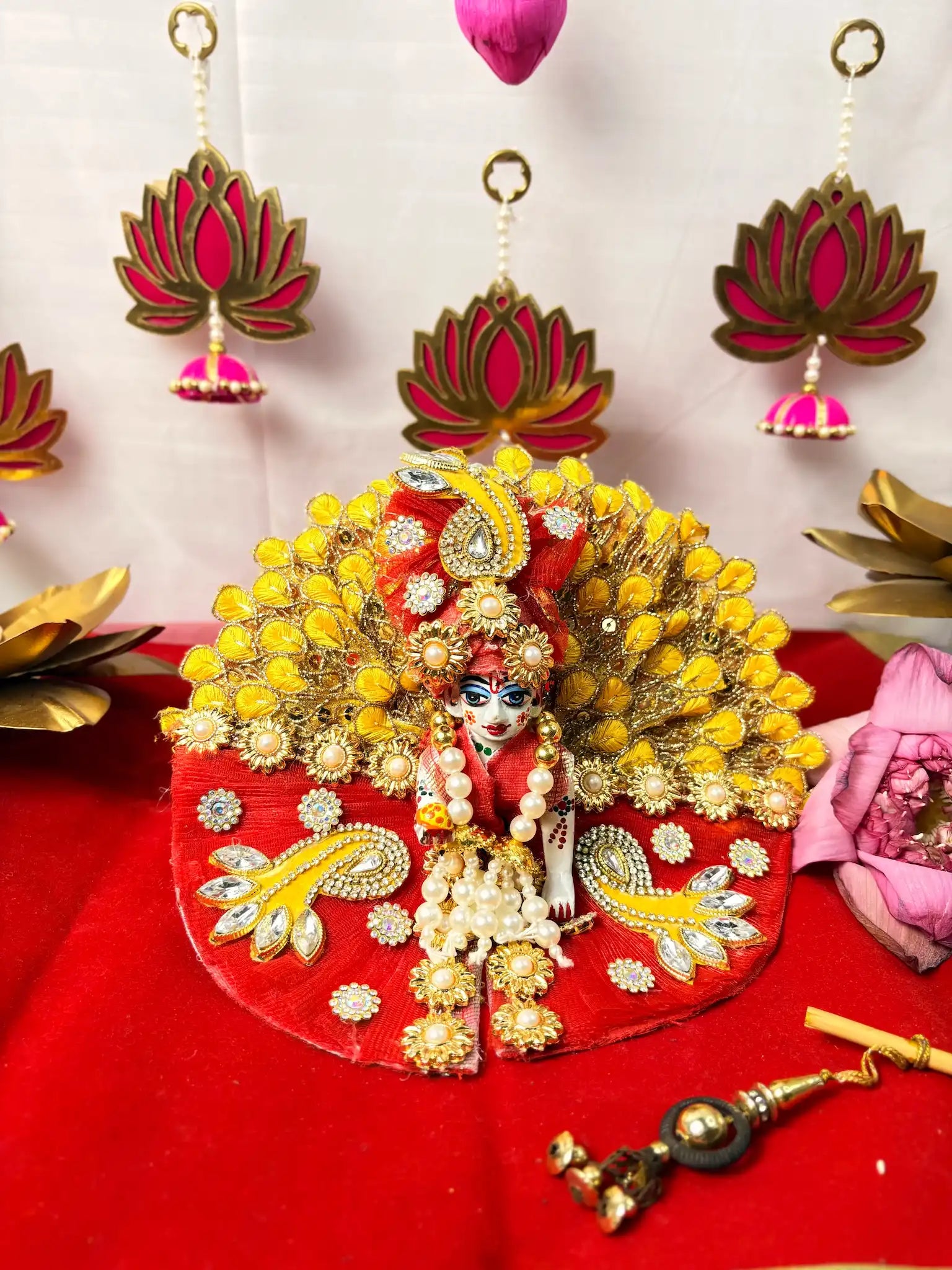 Laddu Gopal Heavy Poshak Set – 3 Piece Outfit with Pagdi, Mala & Dress