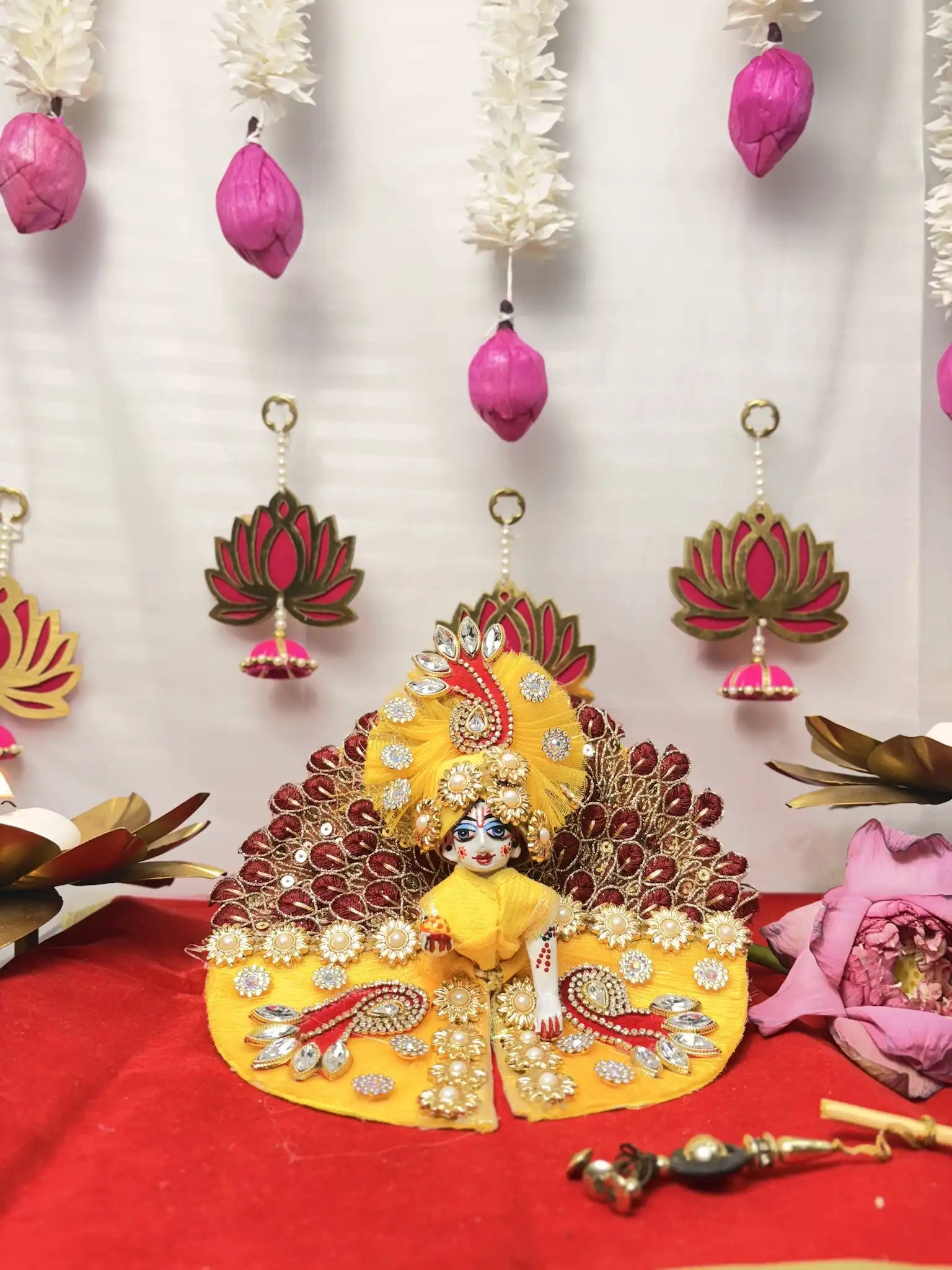 Laddu Gopal Heavy Poshak Set – 3 Piece Outfit with Pagdi, Mala & Dress