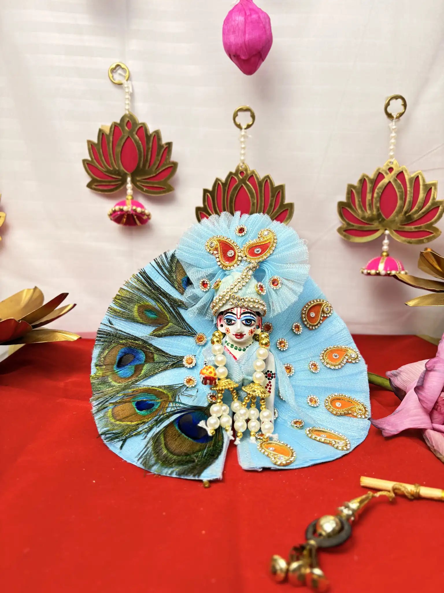 Laddu Gopal Heavy Poshak Set – 3 Piece Shringar with Pagdi, Mala & Dress