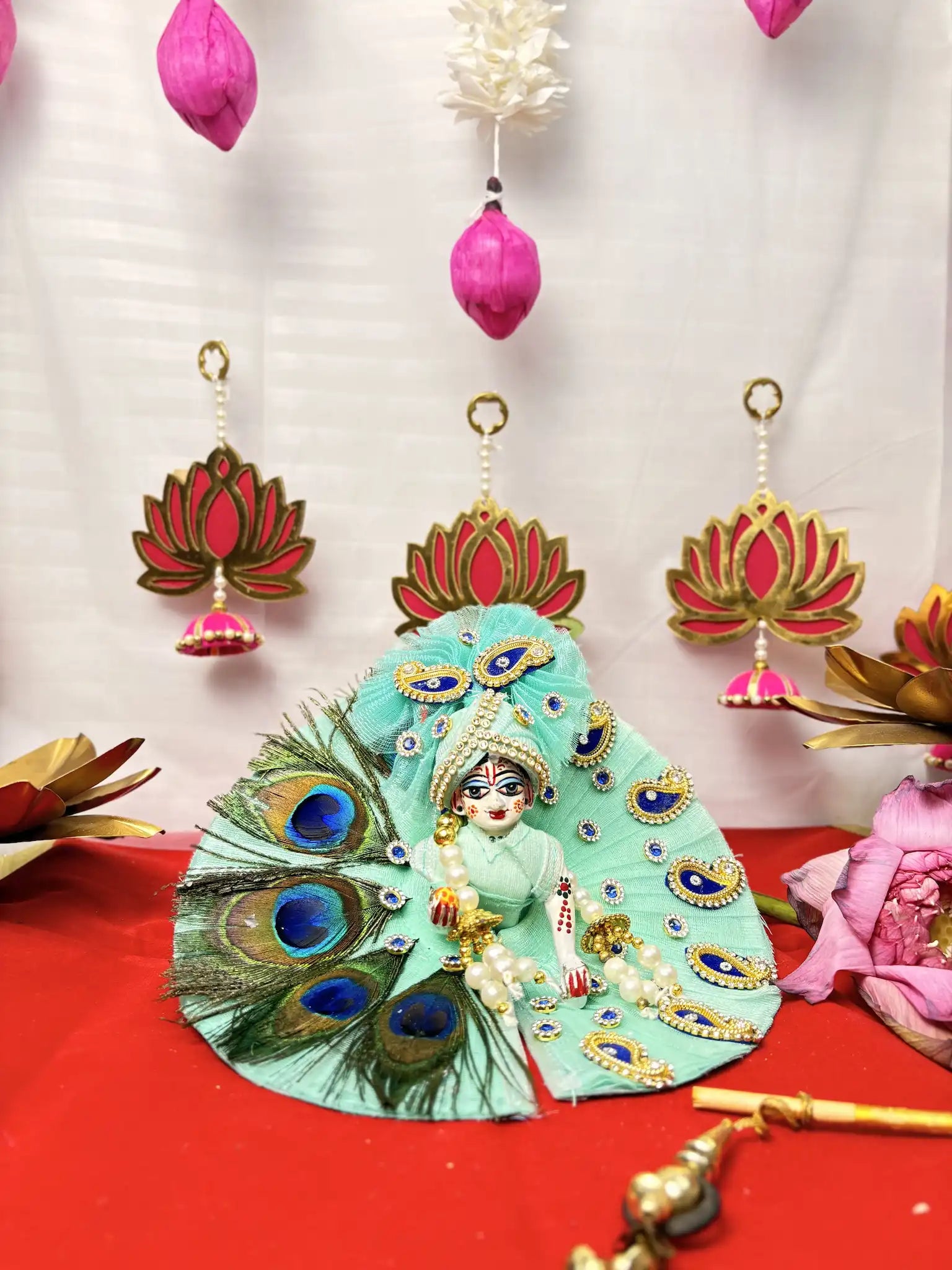 Laddu Gopal Heavy Poshak Set – 3 Piece Shringar with Pagdi, Mala & Dress