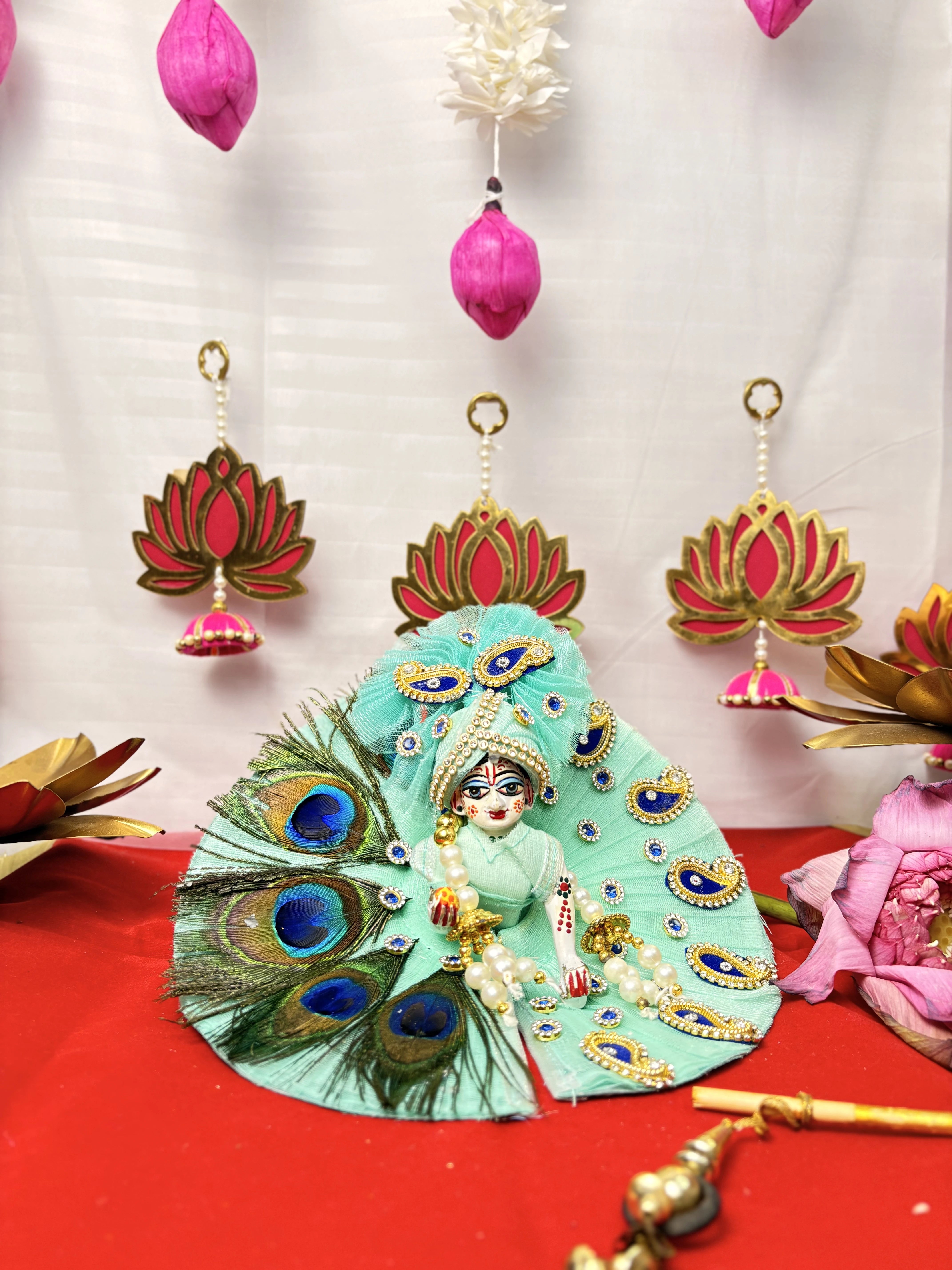 Laddu Gopal Heavy Poshak Set – 3 Piece Shringar with Pagdi, Mala & Dress