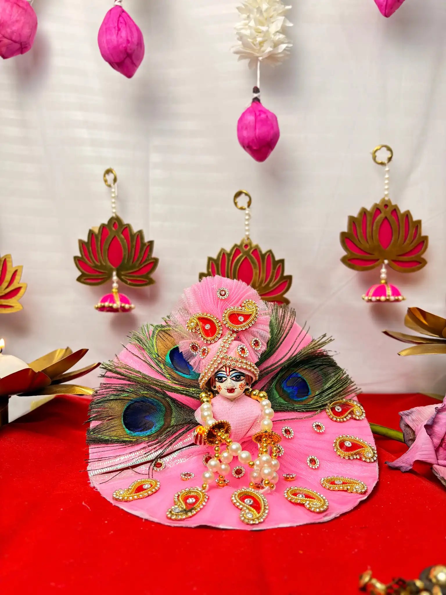 Laddu Gopal Heavy Poshak Set – 3 Piece Shringar with Pagdi, Mala & Dress