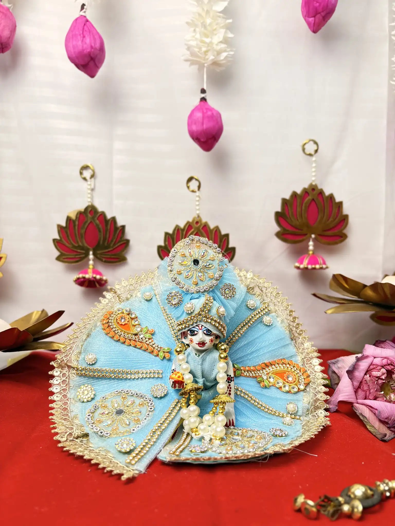 Laddu Gopal Heavy Poshak Set – 3 Piece Outfit with Pagdi, Mala & Dress