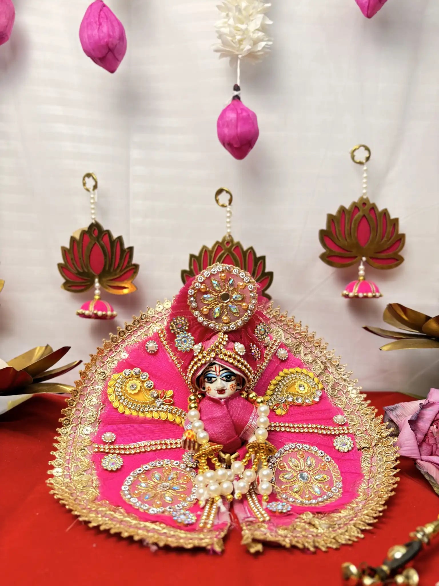 Laddu Gopal Heavy Poshak Set – 3 Piece Outfit with Pagdi, Mala & Dress