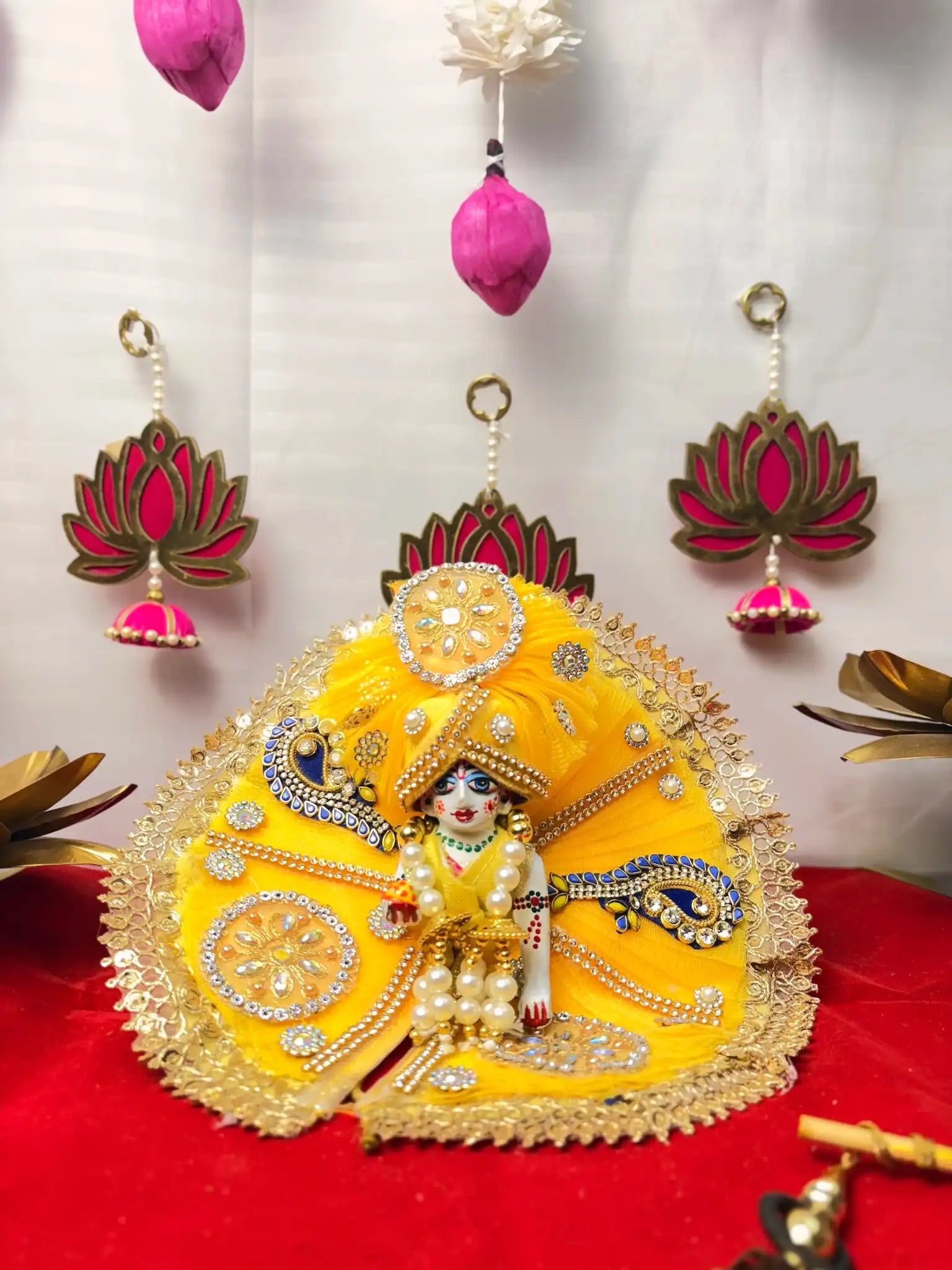 Laddu Gopal Heavy Poshak Set – 3 Piece Outfit with Pagdi, Mala & Dress