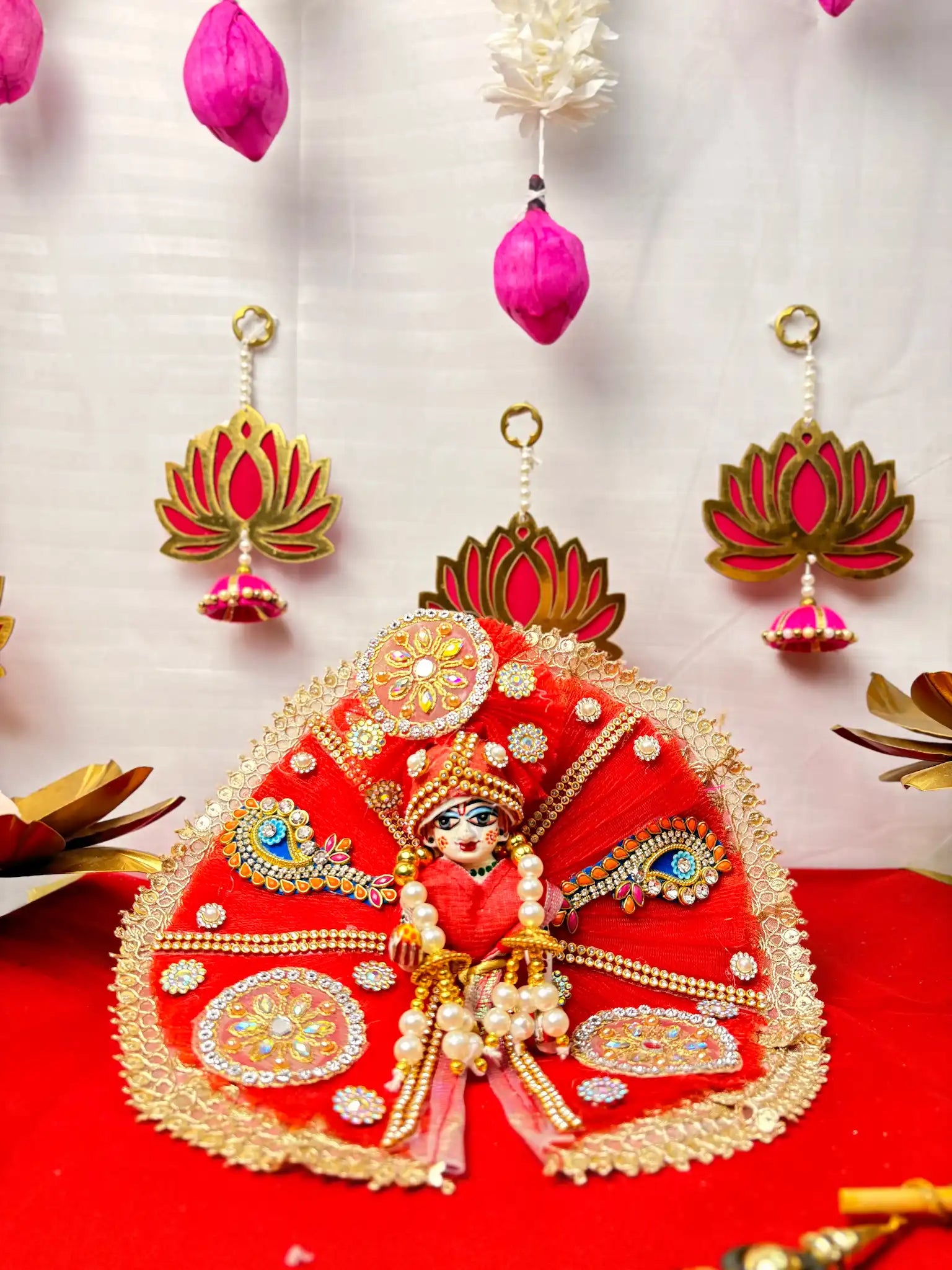 Laddu Gopal Heavy Poshak Set – 3 Piece Outfit with Pagdi, Mala & Dress