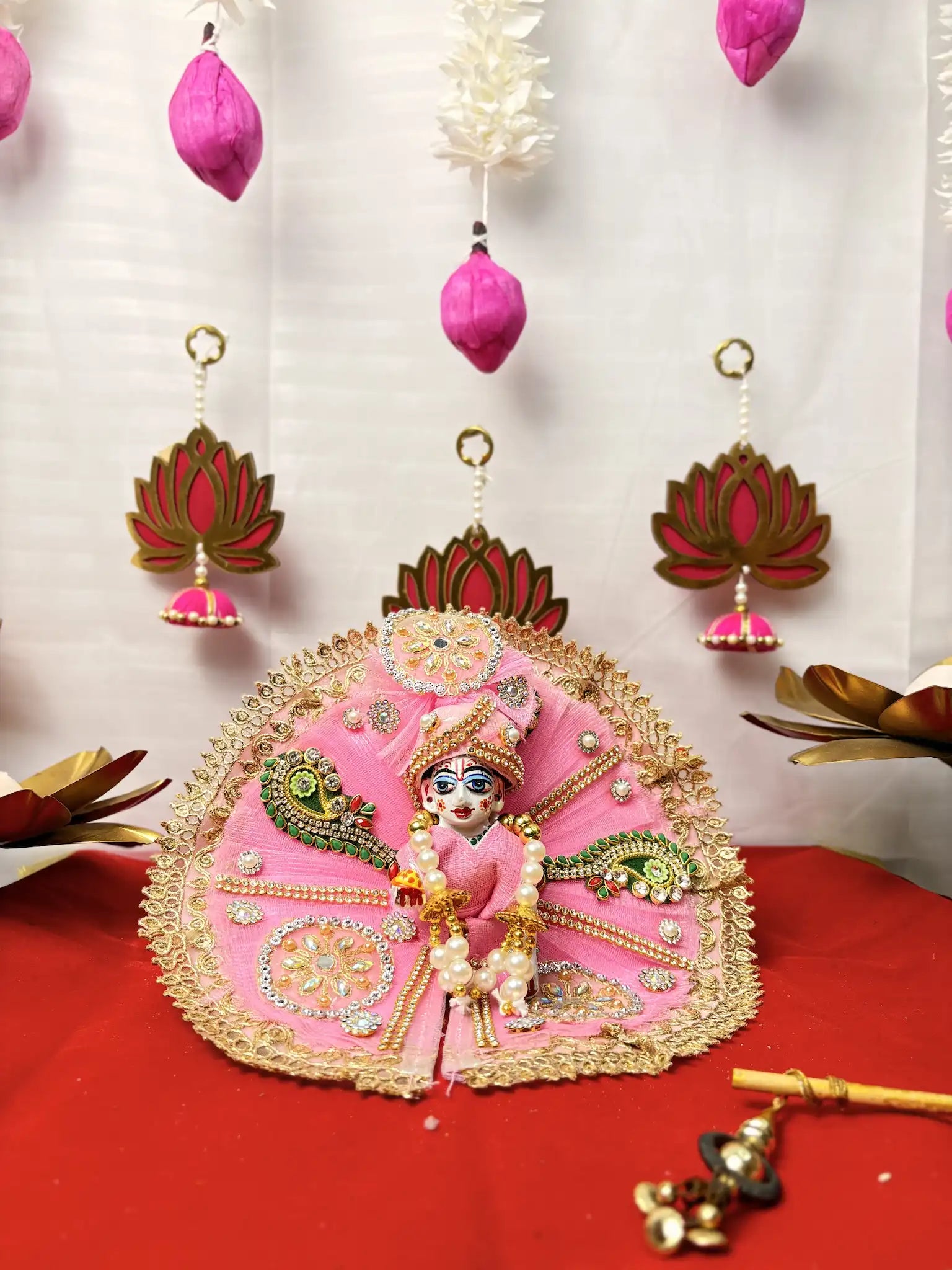 Laddu Gopal Heavy Poshak Set – 3 Piece Outfit with Pagdi, Mala & Dress