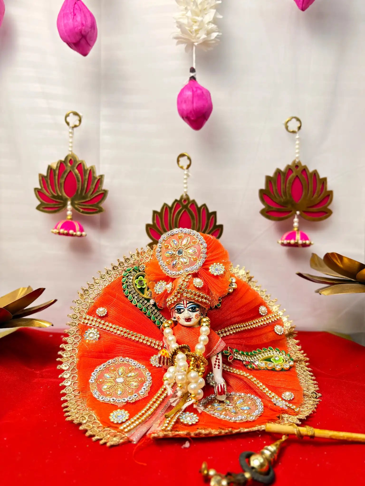 Laddu Gopal Heavy Poshak Set – 3 Piece Outfit with Pagdi, Mala & Dress