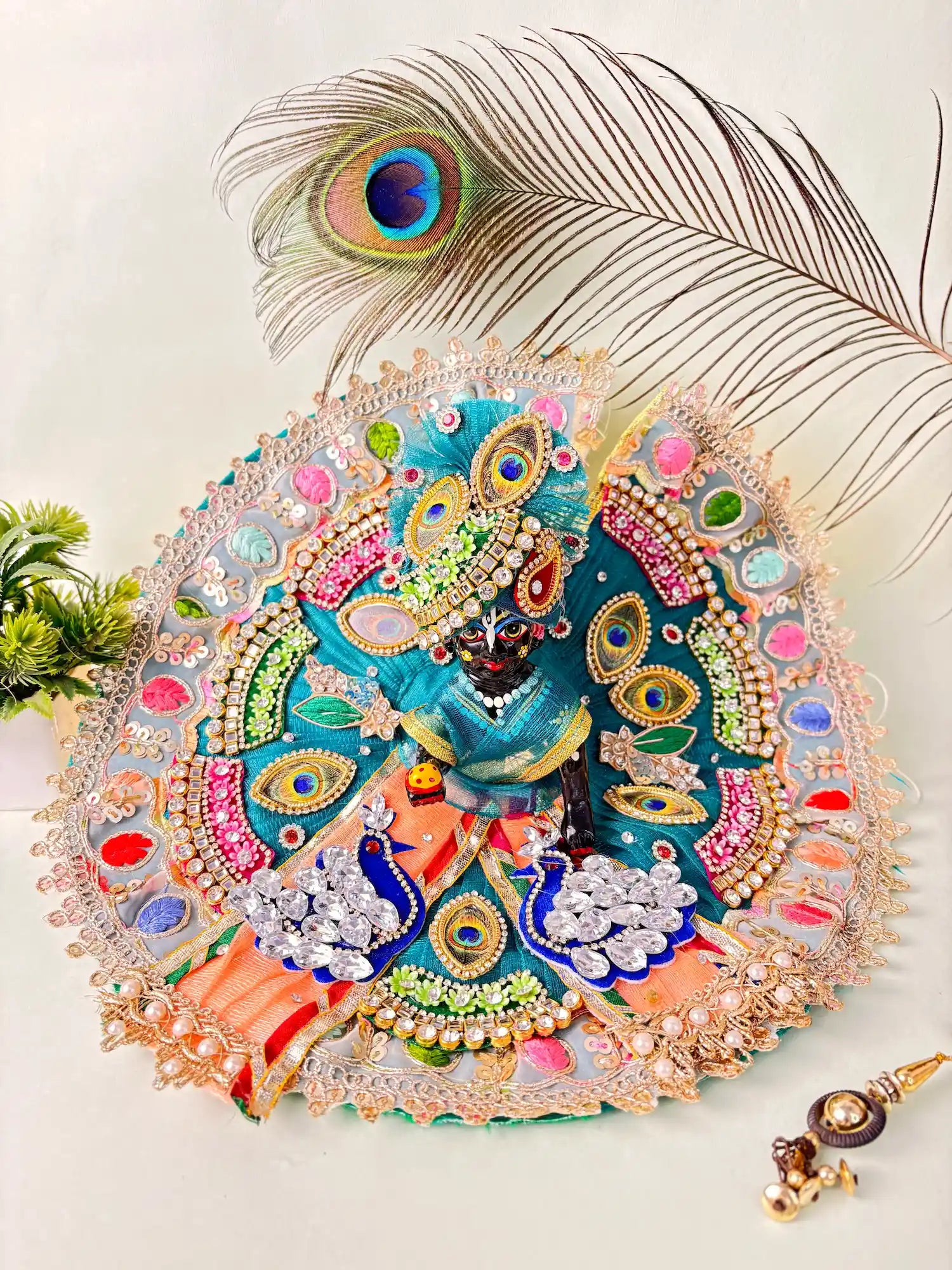 Premium Multicolor Peacock Embroidered Laddu Gopal Ji Poshak with Mor Pankh