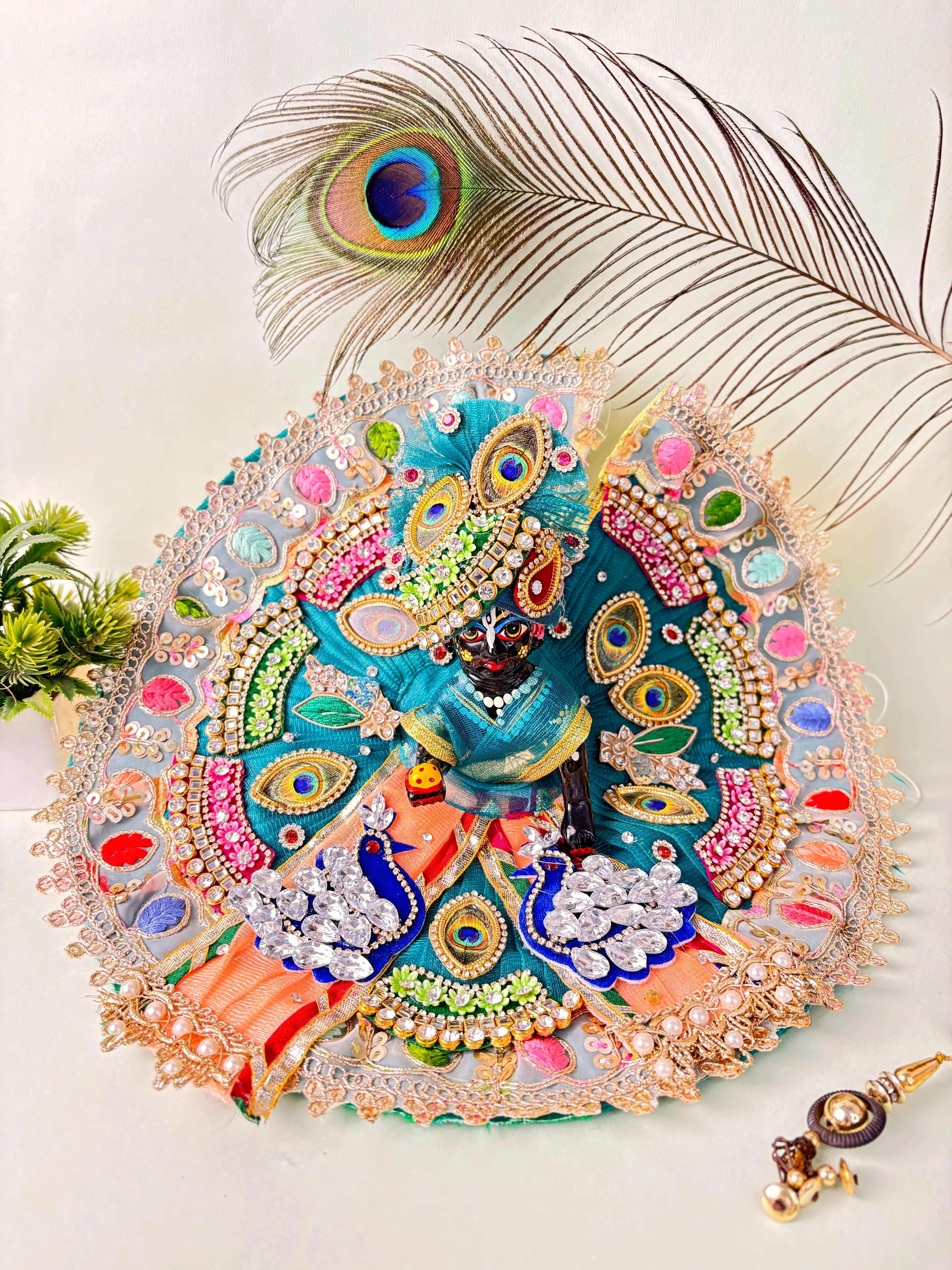 Premium Multicolor Peacock Embroidered Laddu Gopal Ji Poshak with Mor Pankh