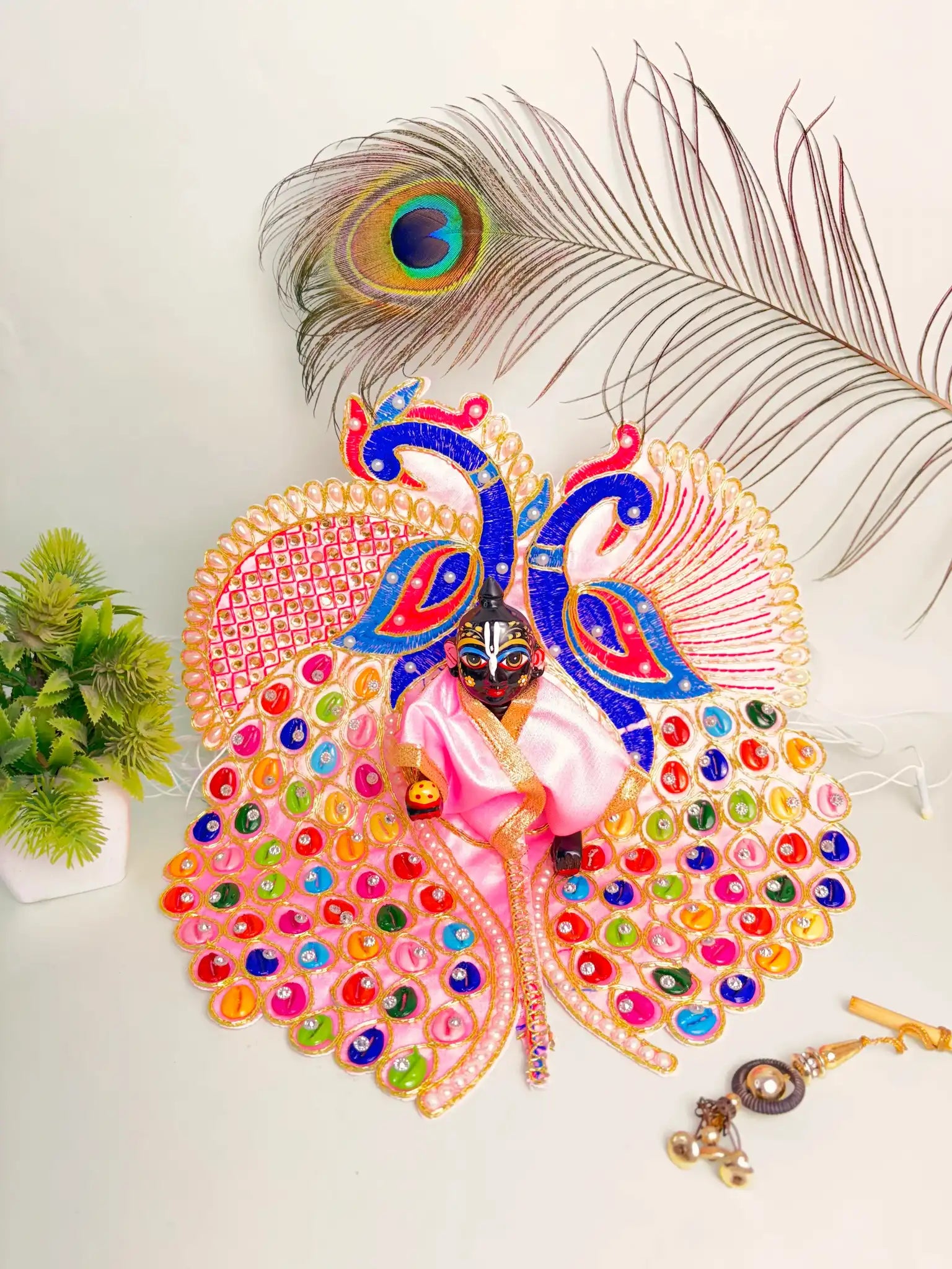 Size 6 Light Pink Butterfly Laddu Gopal Poshak – Designer Peacock Style Shringar Dress