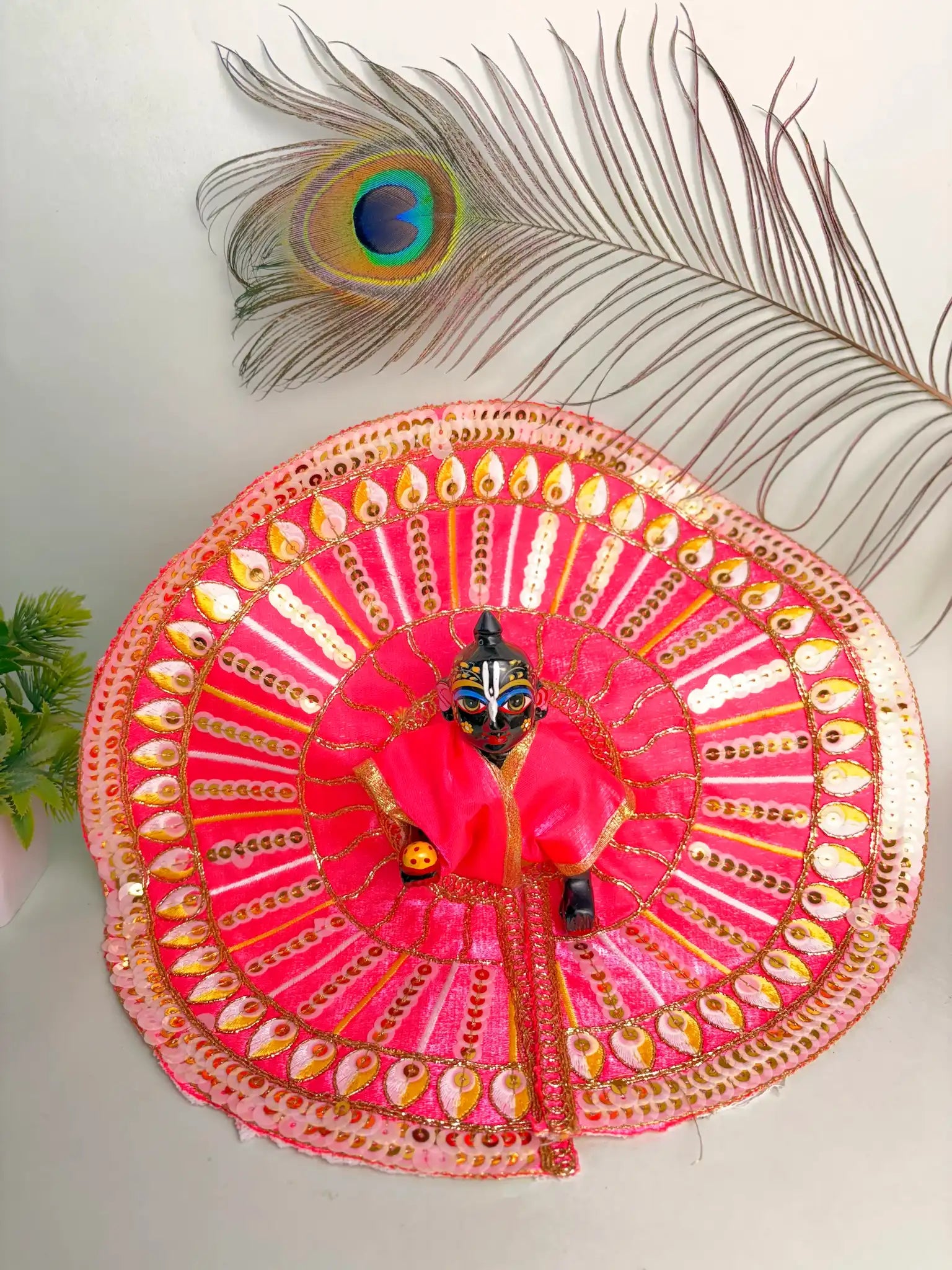 Size 6 Pink Sequin Laddu Gopal Poshak – Bright Krishna Ji Dress with Golden Lace