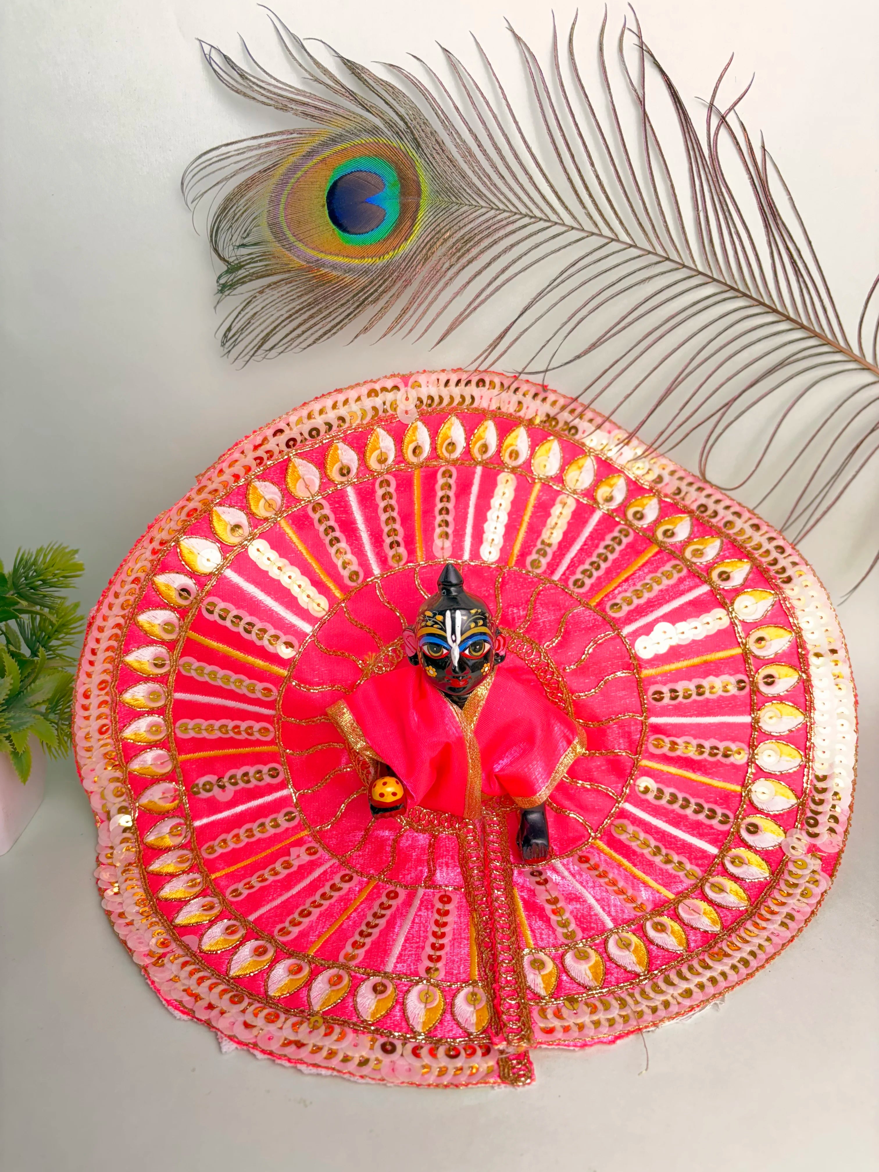 Size 6 Pink Sequin Laddu Gopal Poshak – Bright Krishna Ji Dress with Golden Lace
