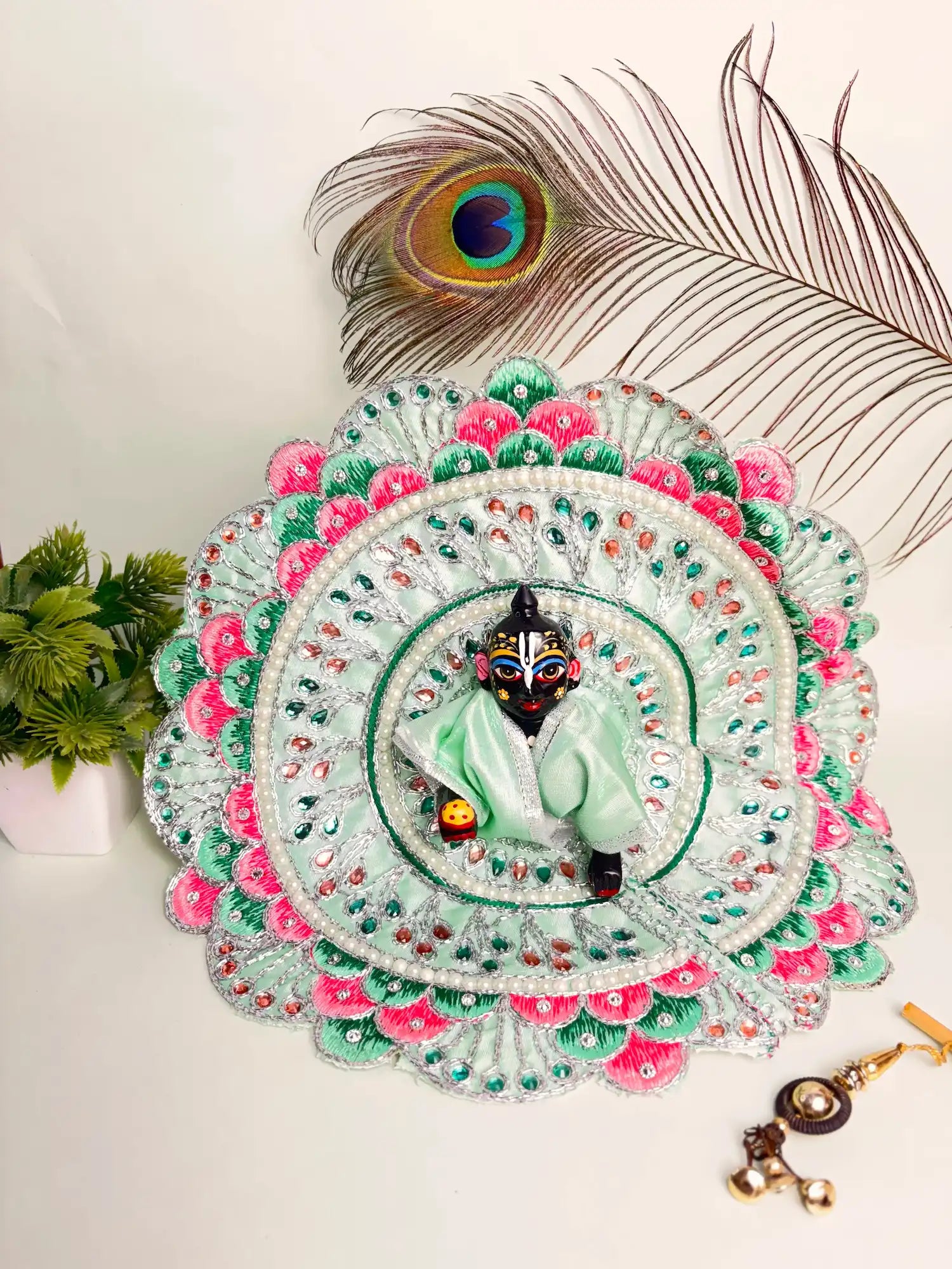 Size 6 Mint Green Laddu Gopal Poshak – Elegant Embroidered Krishna Ji Dress