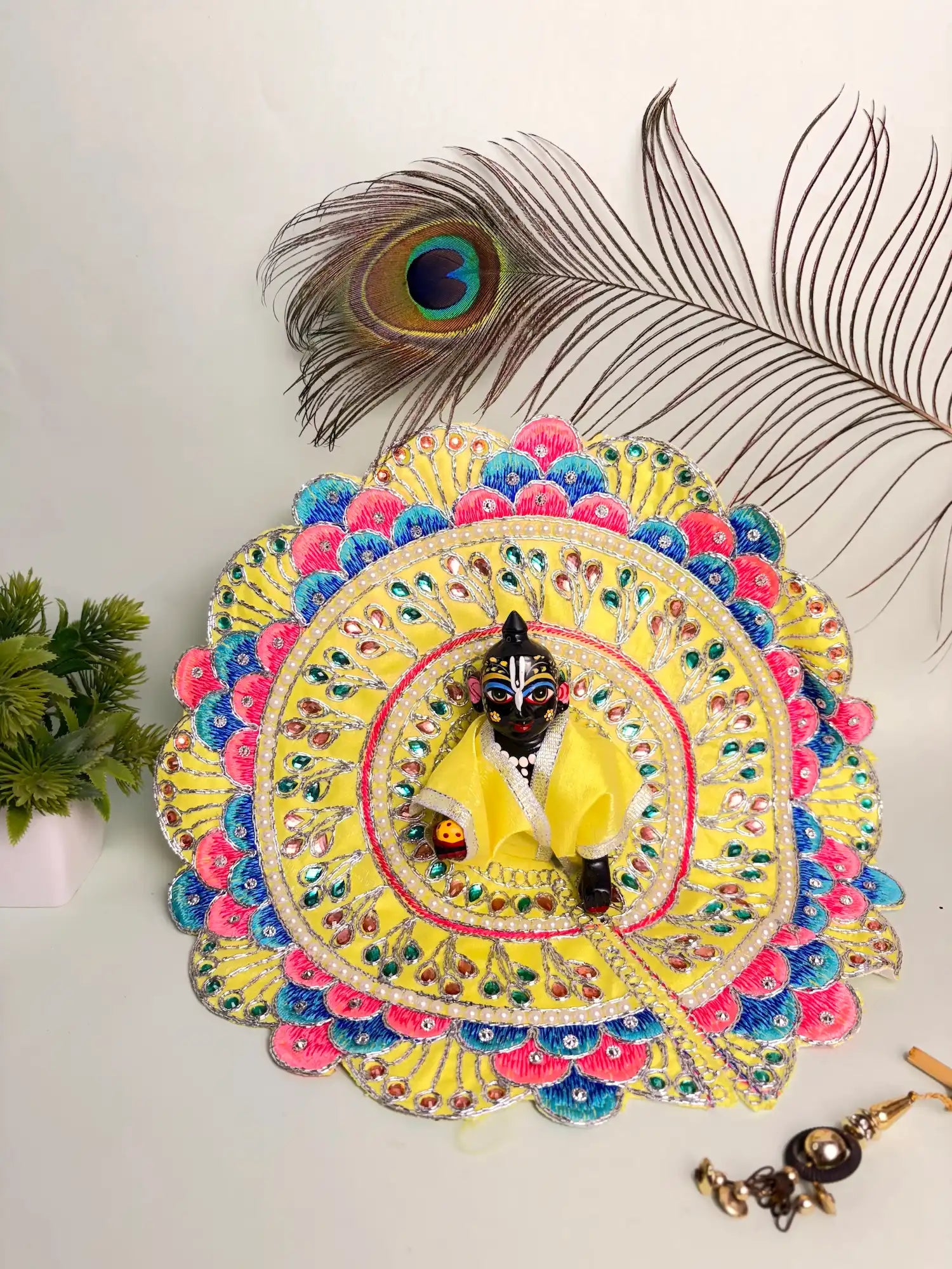 Size 6 Yellow Embroidered Laddu Gopal Poshak – Peacock Feather Multi-Stone Dress