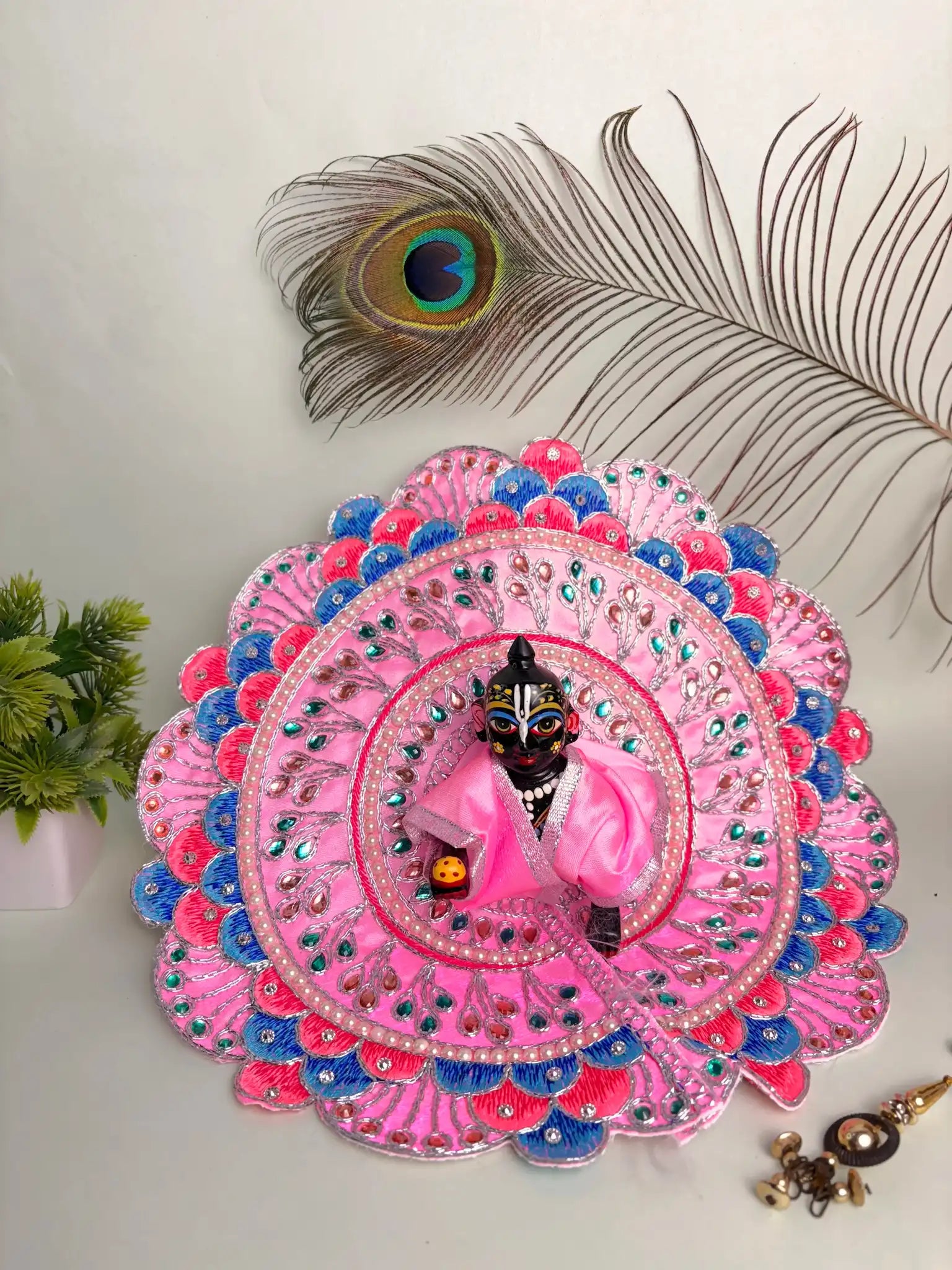 Size 6 Baby Pink Laddu Gopal Poshak – Embroidered Krishna Dress with Blue Accents