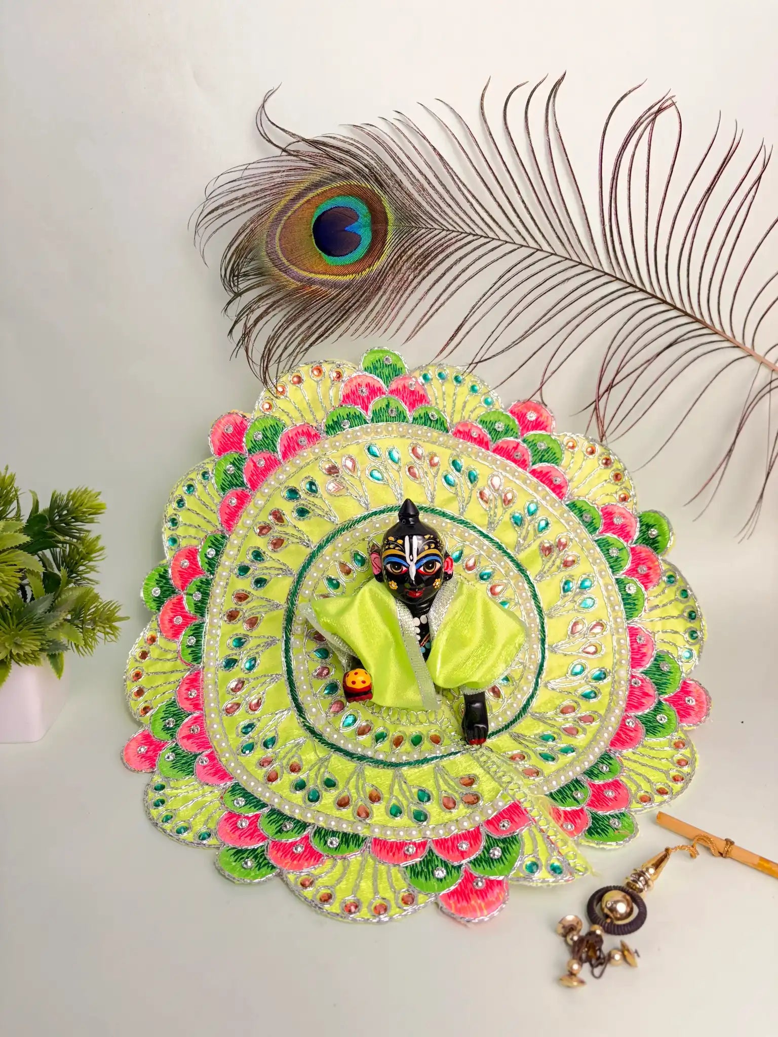 Size 6 Lime Green Embroidered Laddu Gopal Poshak – Multi-Stone Peacock Design Dress