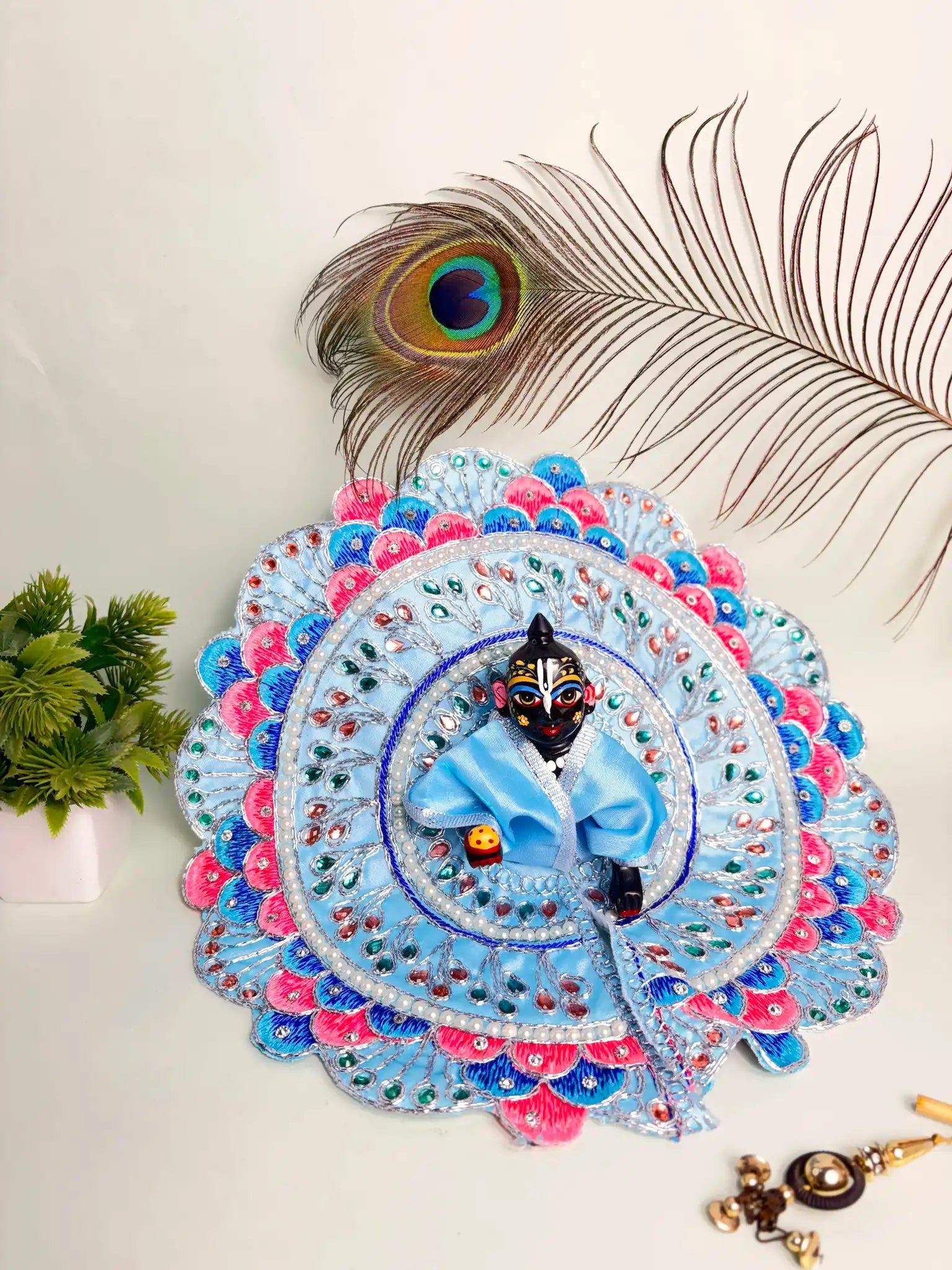 Size 6 Sky Blue Embroidered Laddu Gopal Poshak – Divine Multicolor Feather Design