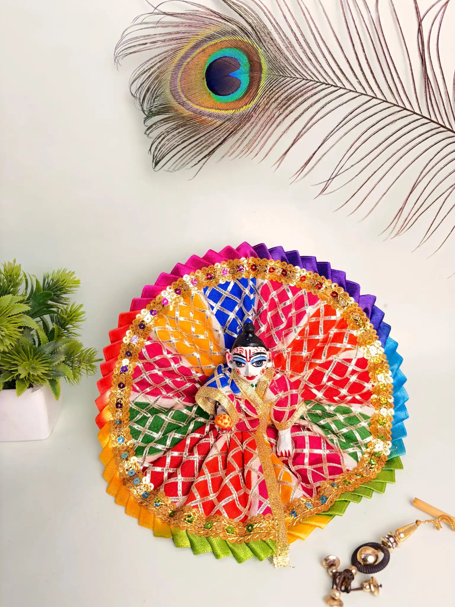 Multicolor Netted Laddu Gopal Ji Poshak Size 4 | Rainbow Designer Dress with Golden Lace