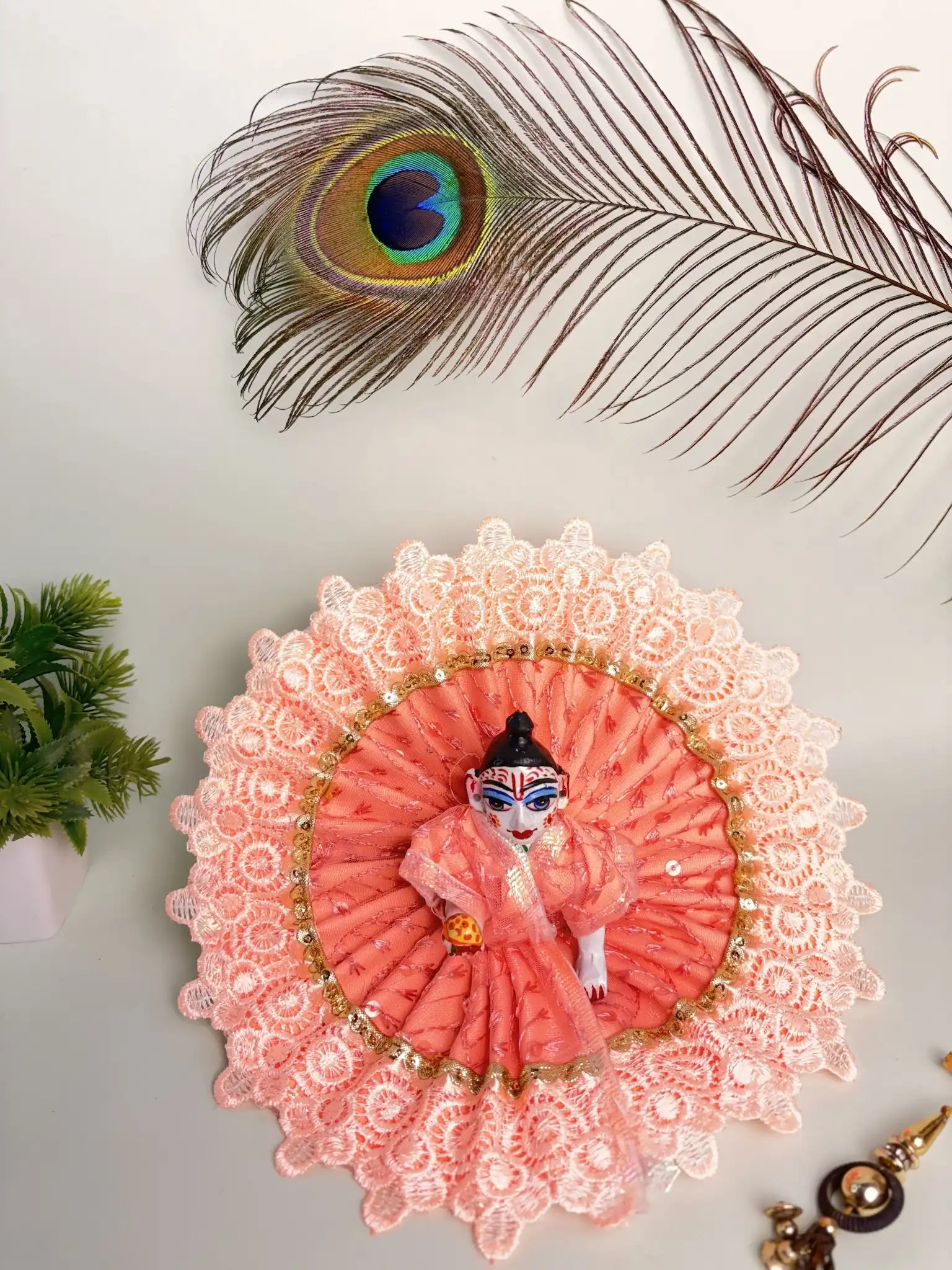 Soft Peach Lace Laddu Gopal Poshak – Size 4 | Subtle and Elegant Kanha Ji Dress