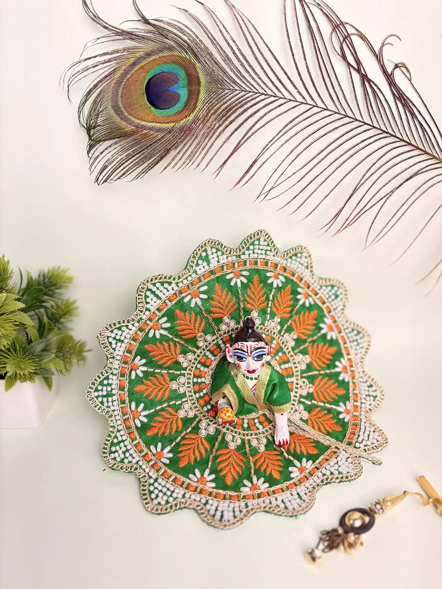 Green and Orange Designer Laddu Gopal Poshak – Size 4 | Elegant Shringar Dress