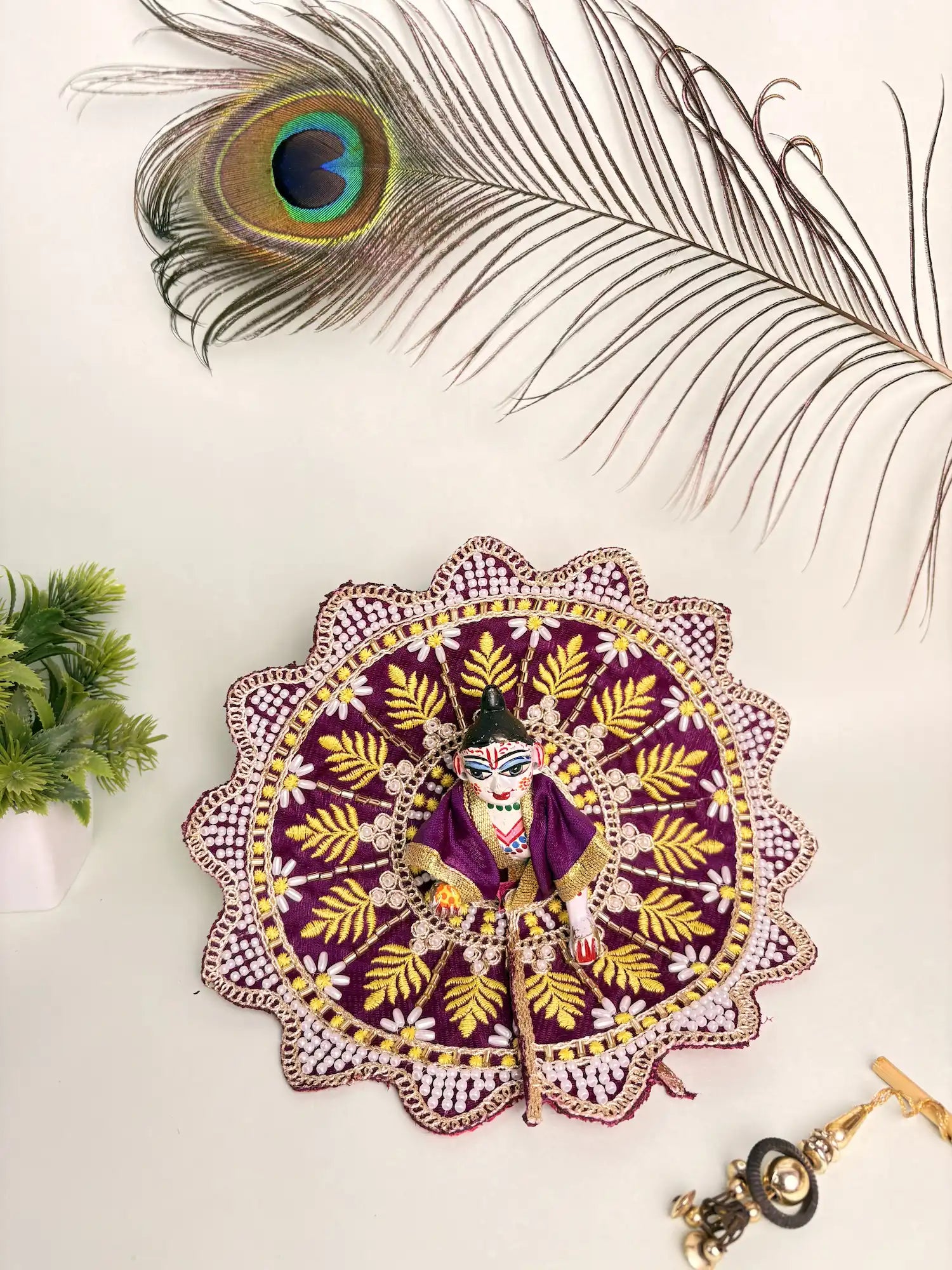 Purple Yellow Leaf Embroidered Poshak – Size 4 | Elegant Thakur Ji Shringar