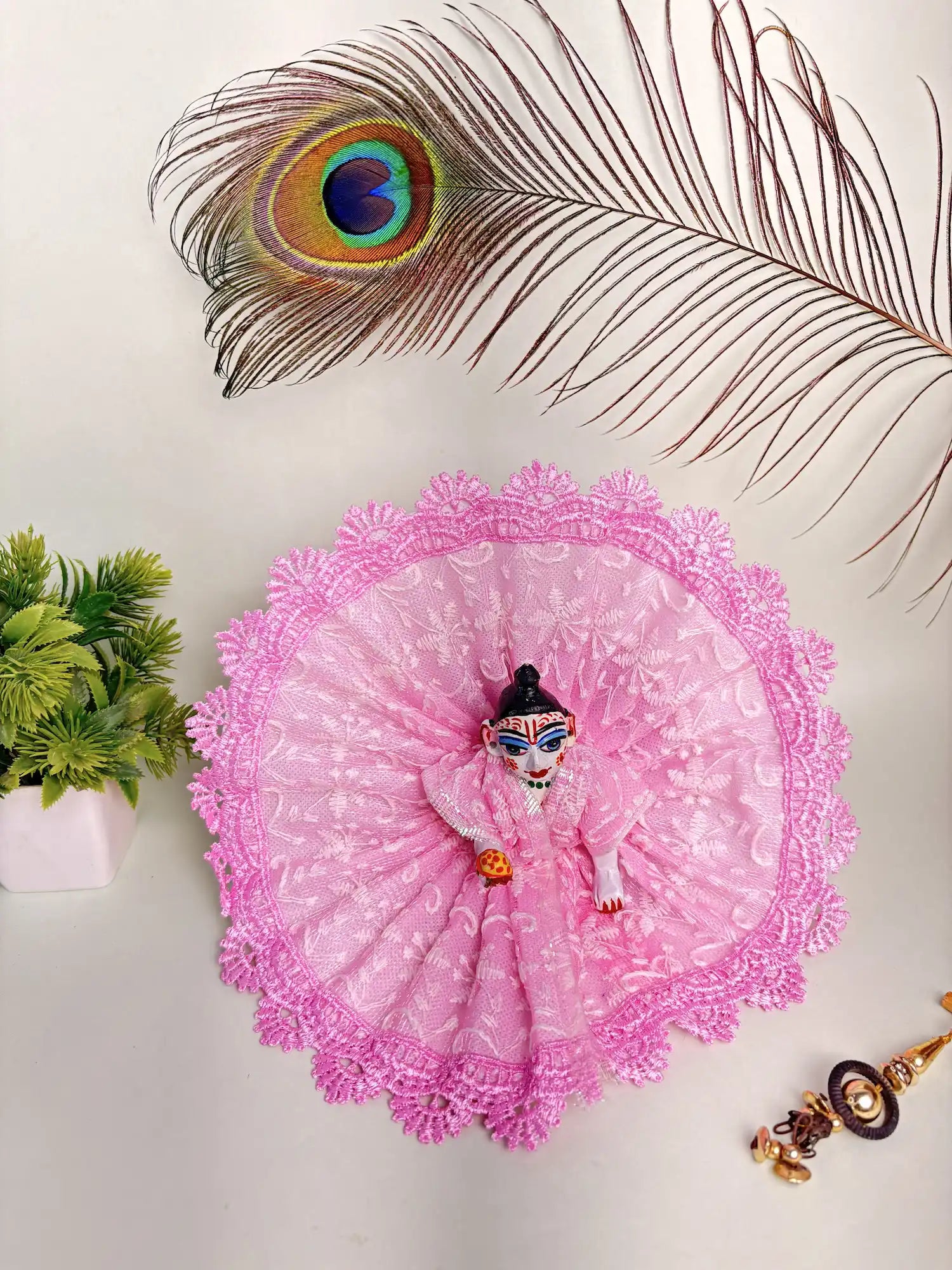 Size 4 Pink Lace Laddu Gopal Poshak – Soft Net Embroidered Dress for Thakur Ji