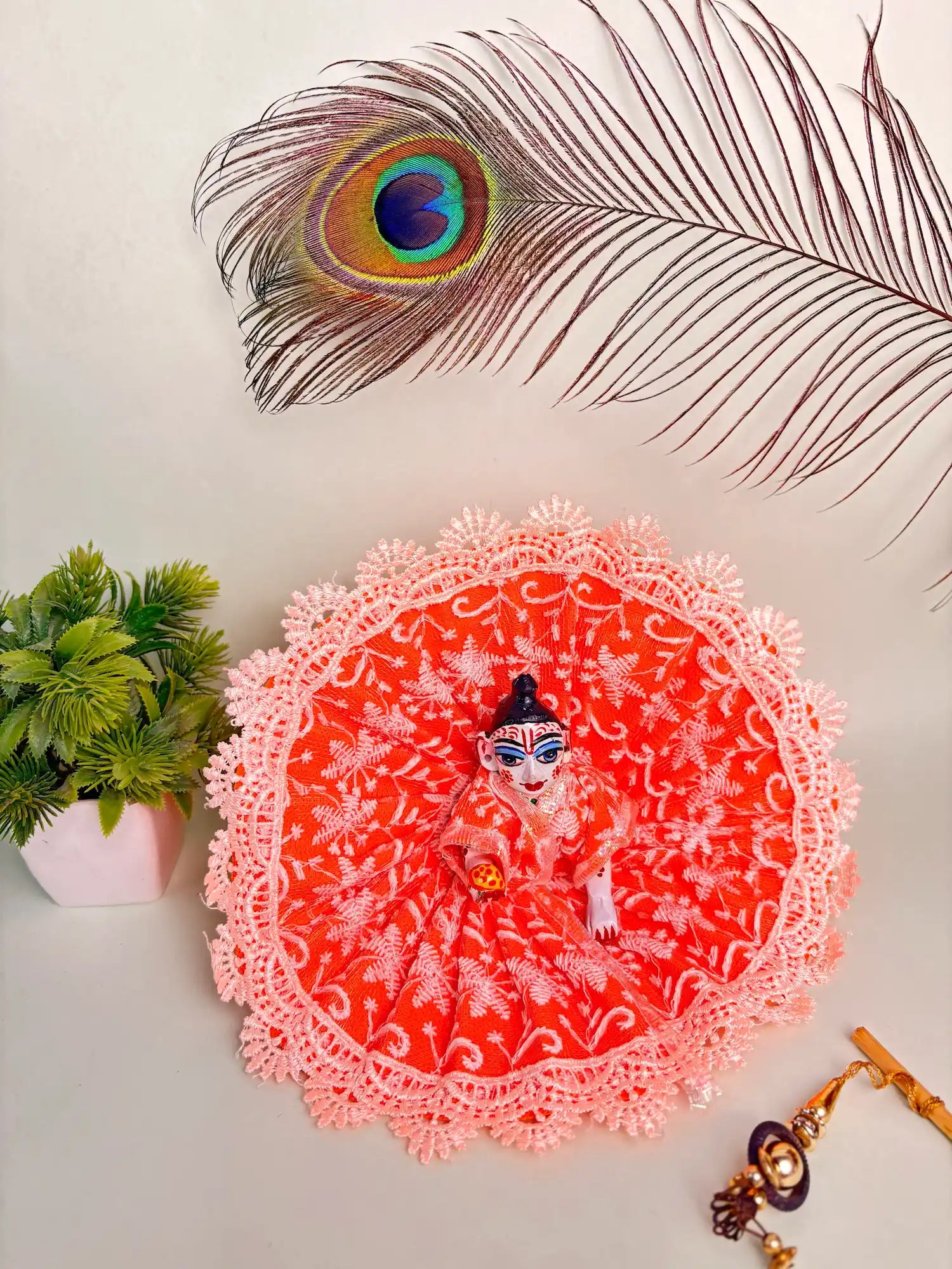 Size 4 Orange Lace Laddu Gopal Poshak – Soft Net Embroidered Floral Dress