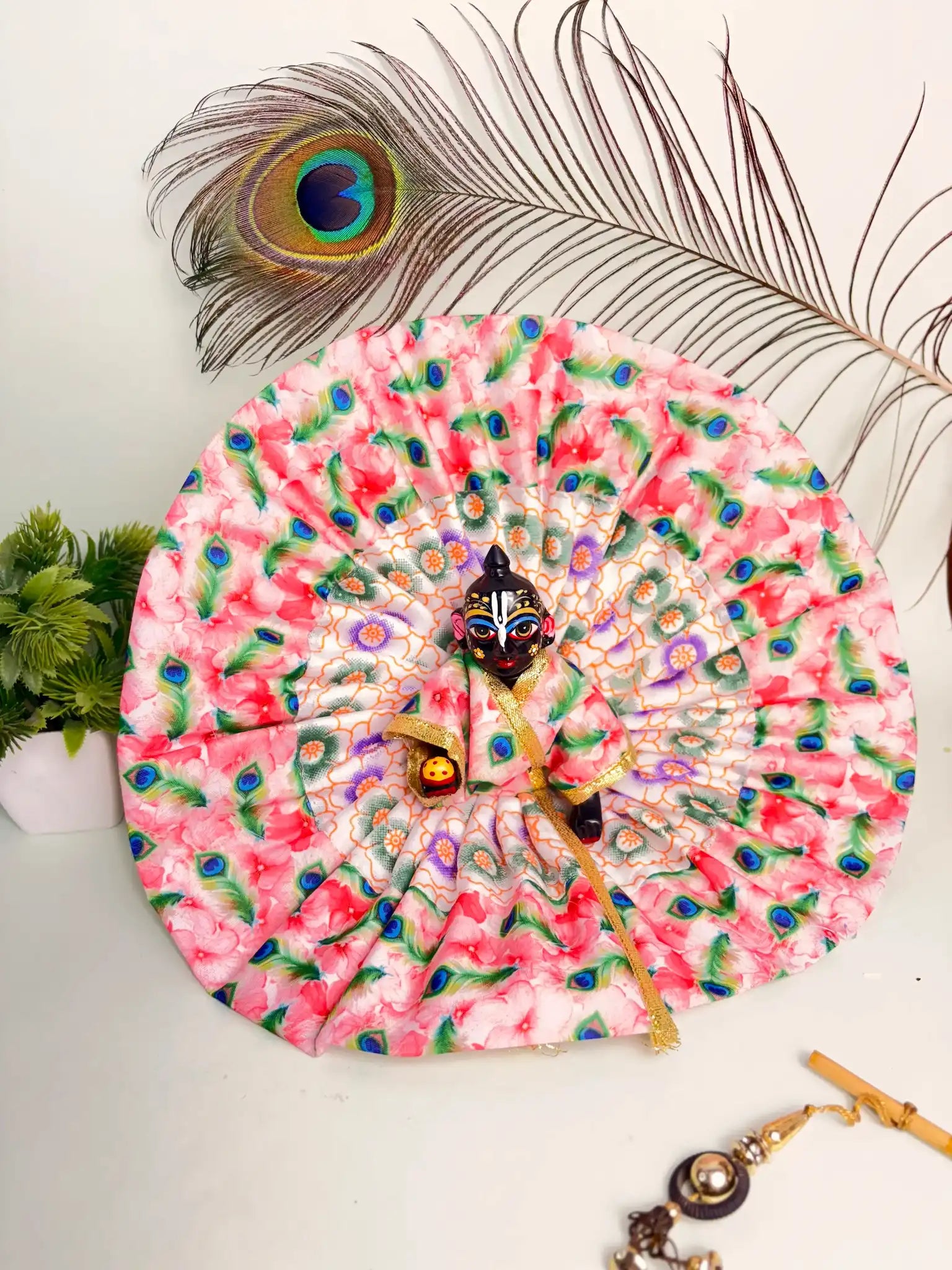 Size 6 Red Cotton Mor Pankh Laddu Gopal Poshak – Feather Print Thakur Ji Dress