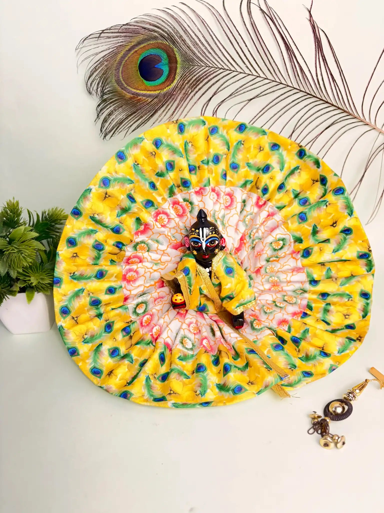 Size 6 Yellow Cotton Mor Pankh Laddu Gopal Poshak – Peacock Feather Printed Dress for Thakur Ji