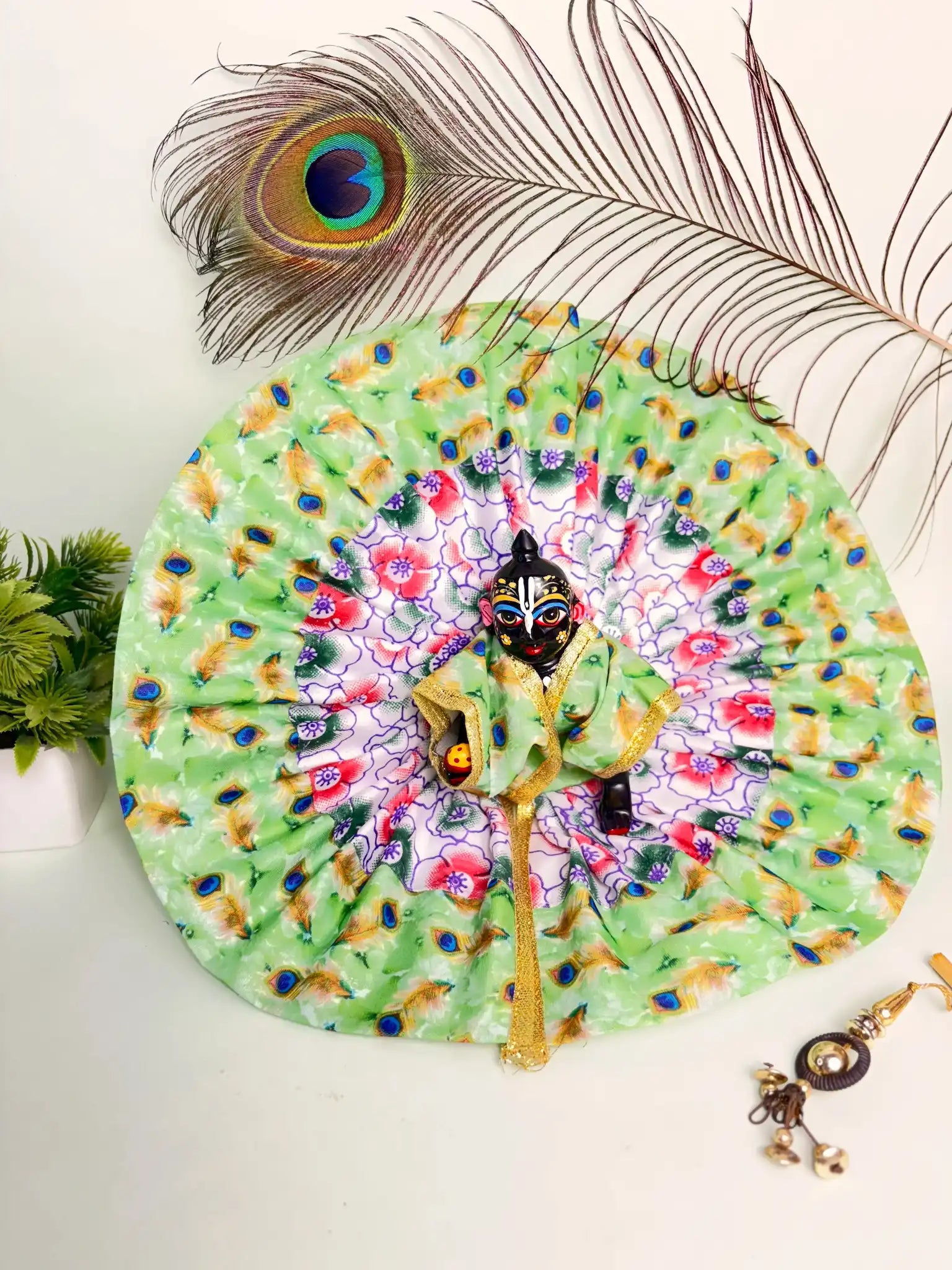 Size 6 Green Cotton Mor Pankh Laddu Gopal Poshak – Peacock Feather Printed Krishna Dress