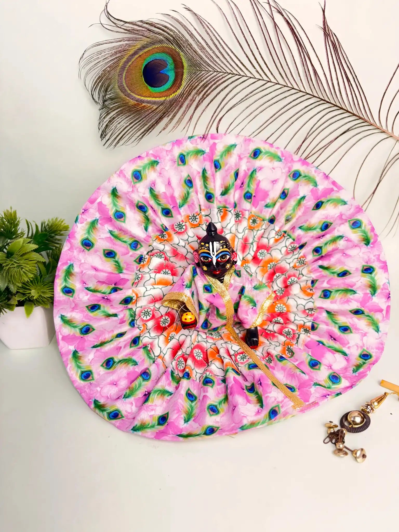 Size 6 Pink Cotton Mor Pankh Laddu Gopal Poshak – Feather Printed Dress for Thakur Ji