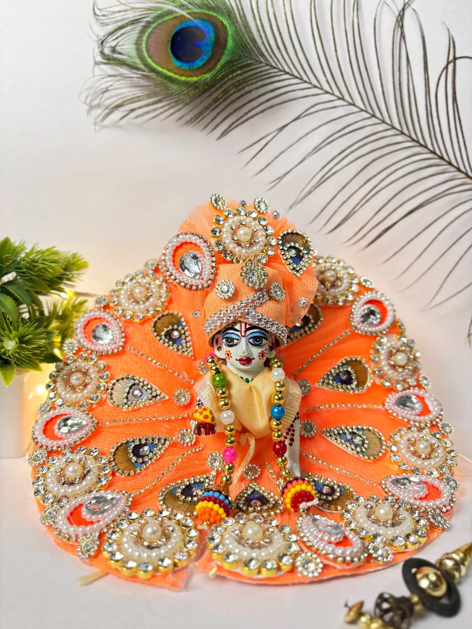 Elegant Orange Laddu Gopal Poshak with Pearl and Stone Embroidery