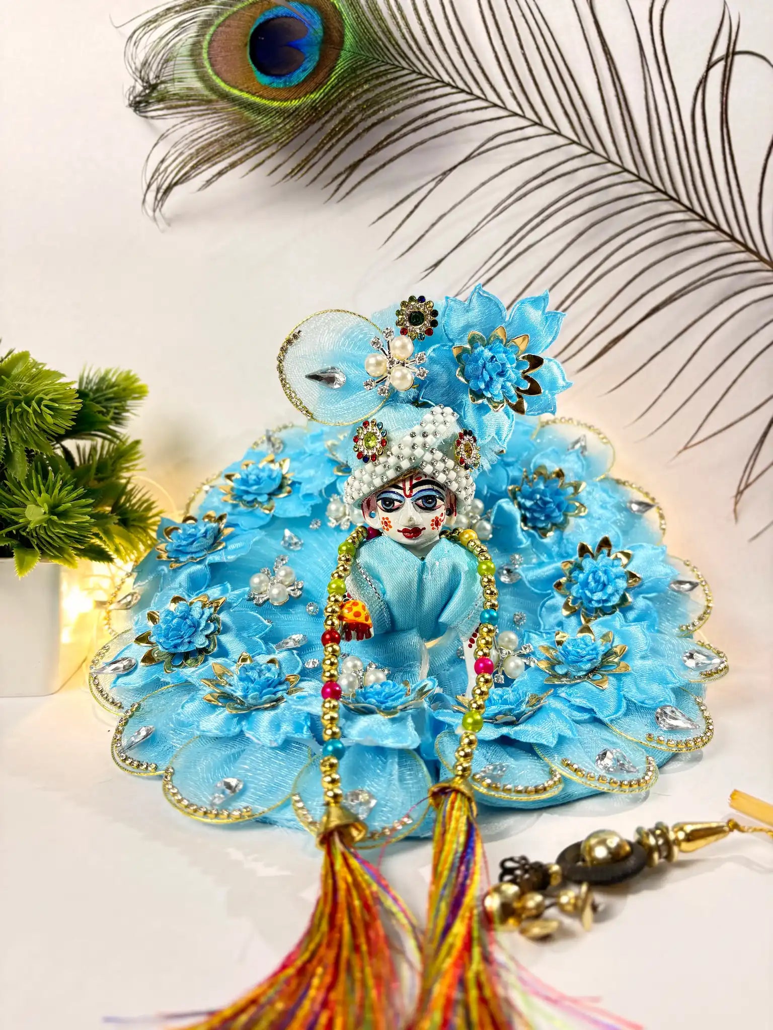 Elegant Blue Laddu Gopal Poshak with Floral Pearl and Stone Design