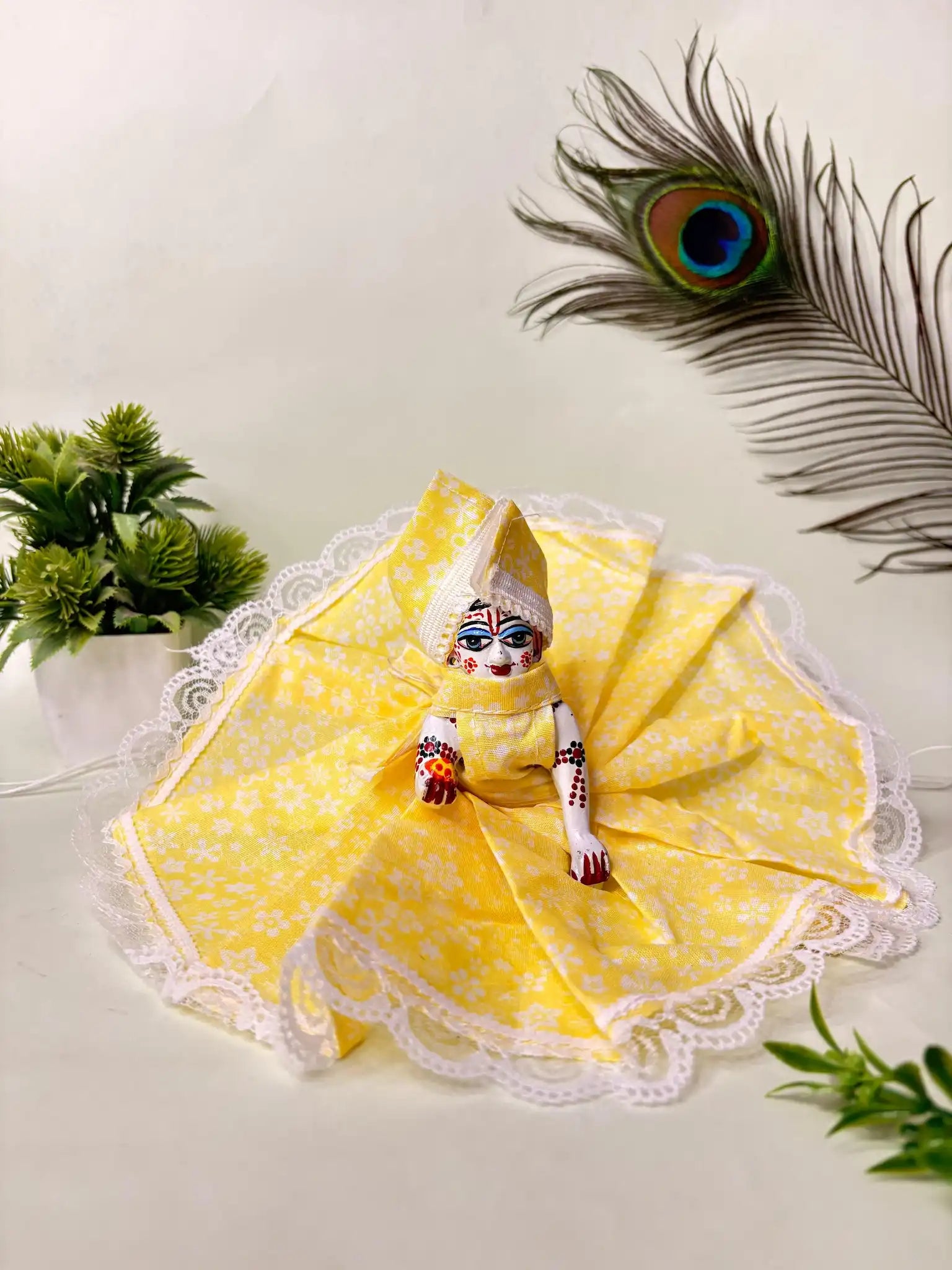 Cotton Laddu Gopal Poshak – Yellow Floral Design with Lace Border (Multicolor Available)