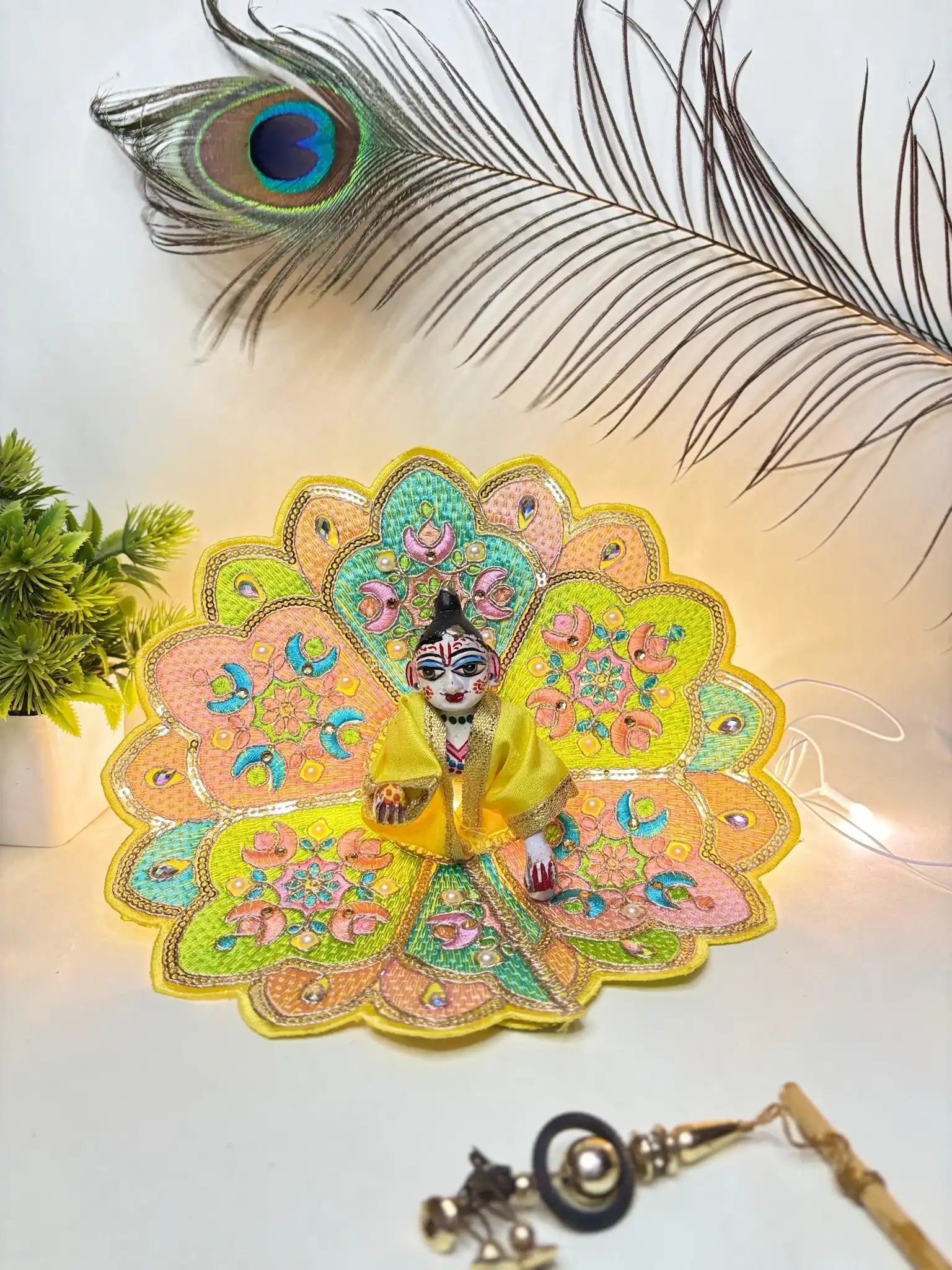 Radiant Yellow Embroidered Laddu Gopal Ji Poshak Size 4 | Peacock & Lotus Design