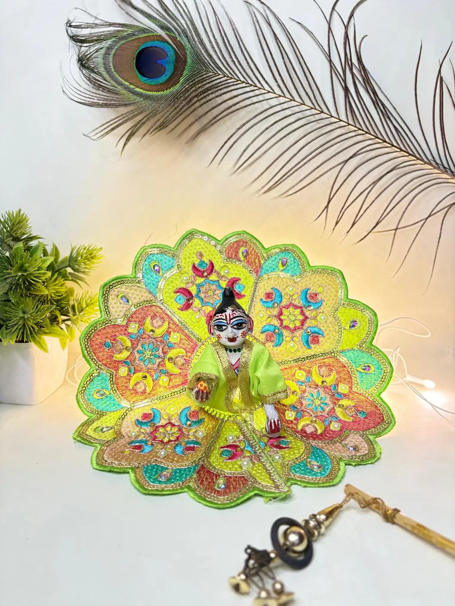 Fresh Green Designer Laddu Gopal Ji Poshak Size 4 | Embroidered Floral Peacock Dress