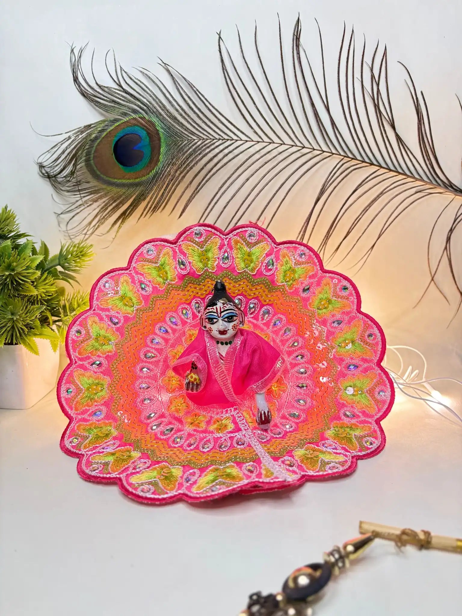 Size 4 -  Dark Pink & Orange Designer Poshak for Laddu Gopal Ji