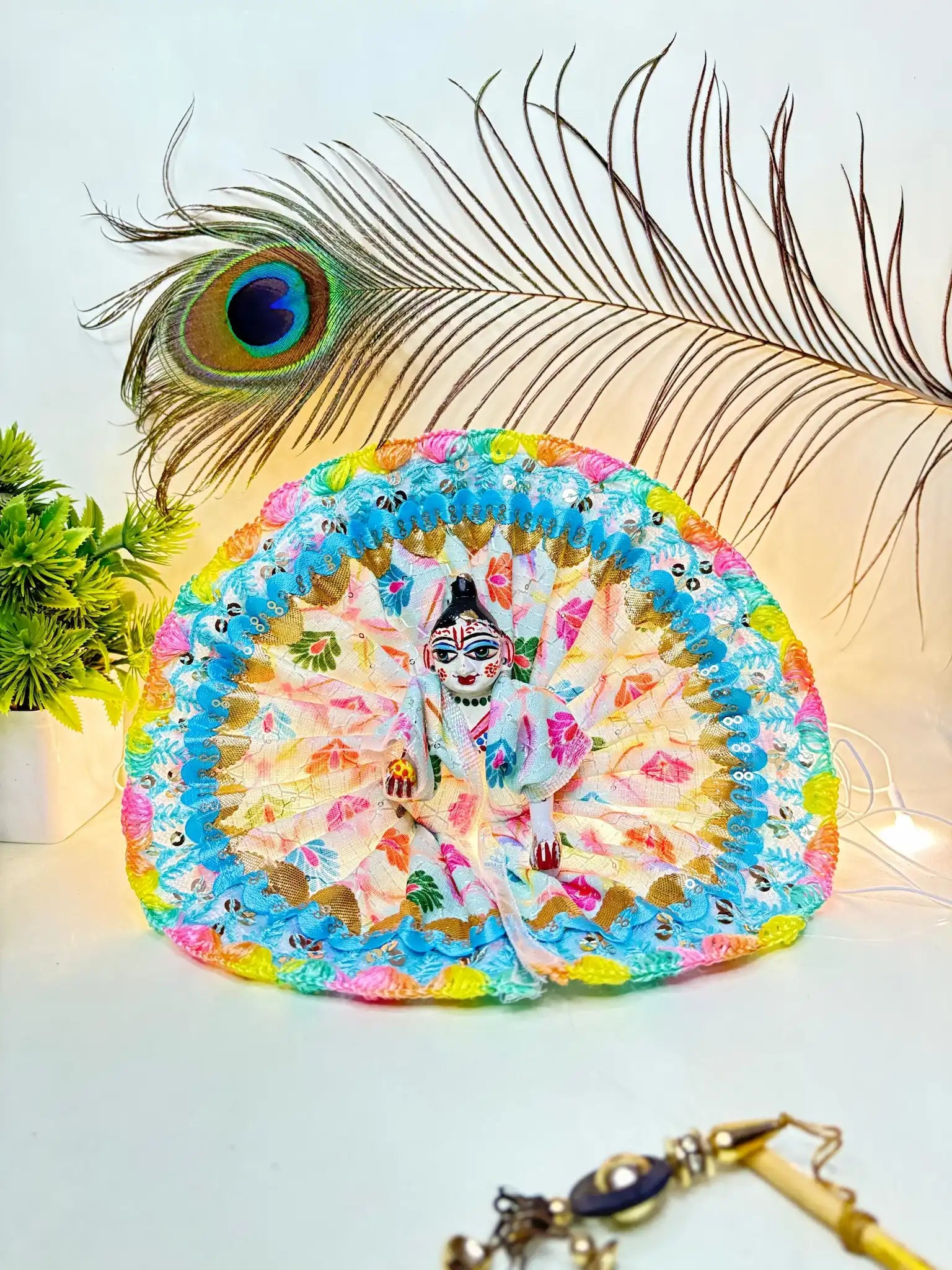 Blue White Multicolor Lace Laddu Gopal Dress | Size 4 Elegant Krishna Poshak