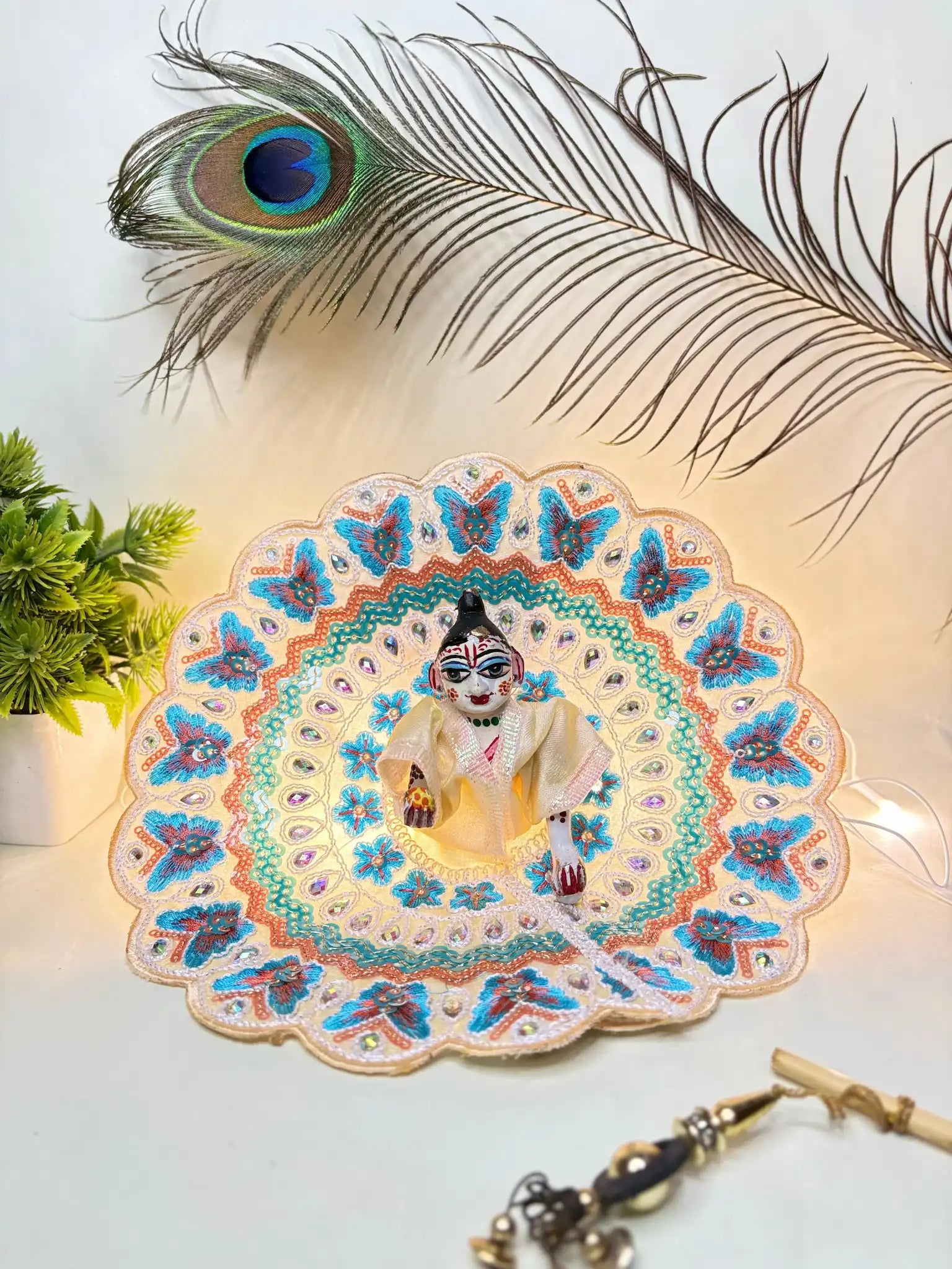 Size 4 - Cream & Sky Blue Embroidered Poshak for Laddu Gopal Ji
