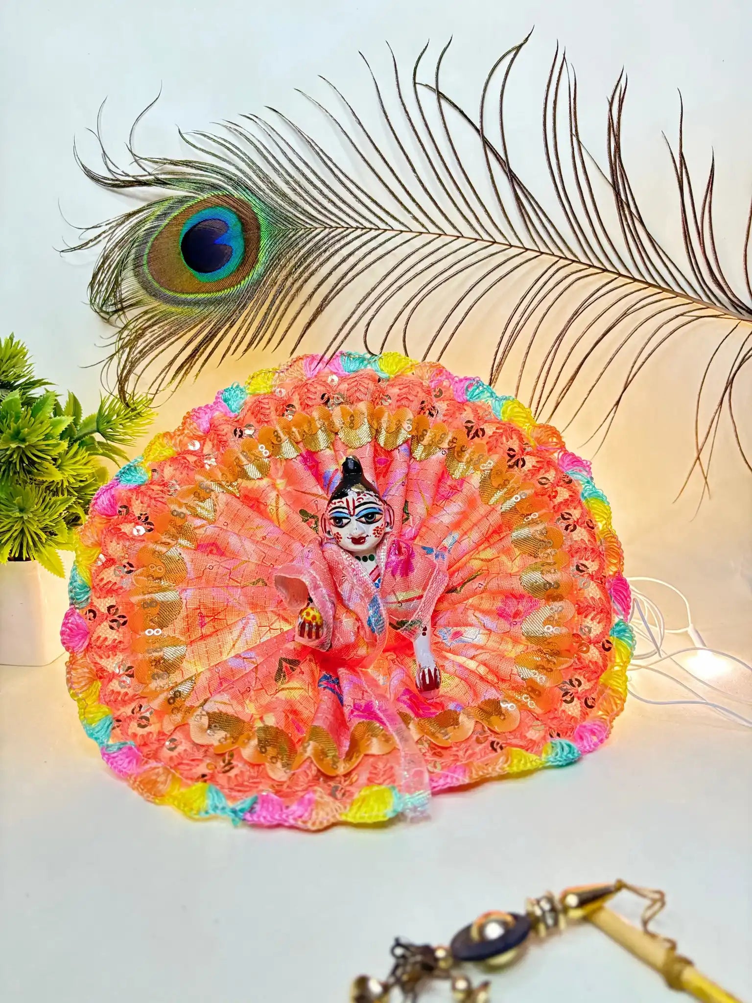 Orange Peach Laddu Gopal Ji Poshak with Golden Lace | Size 4 Fancy Dress
