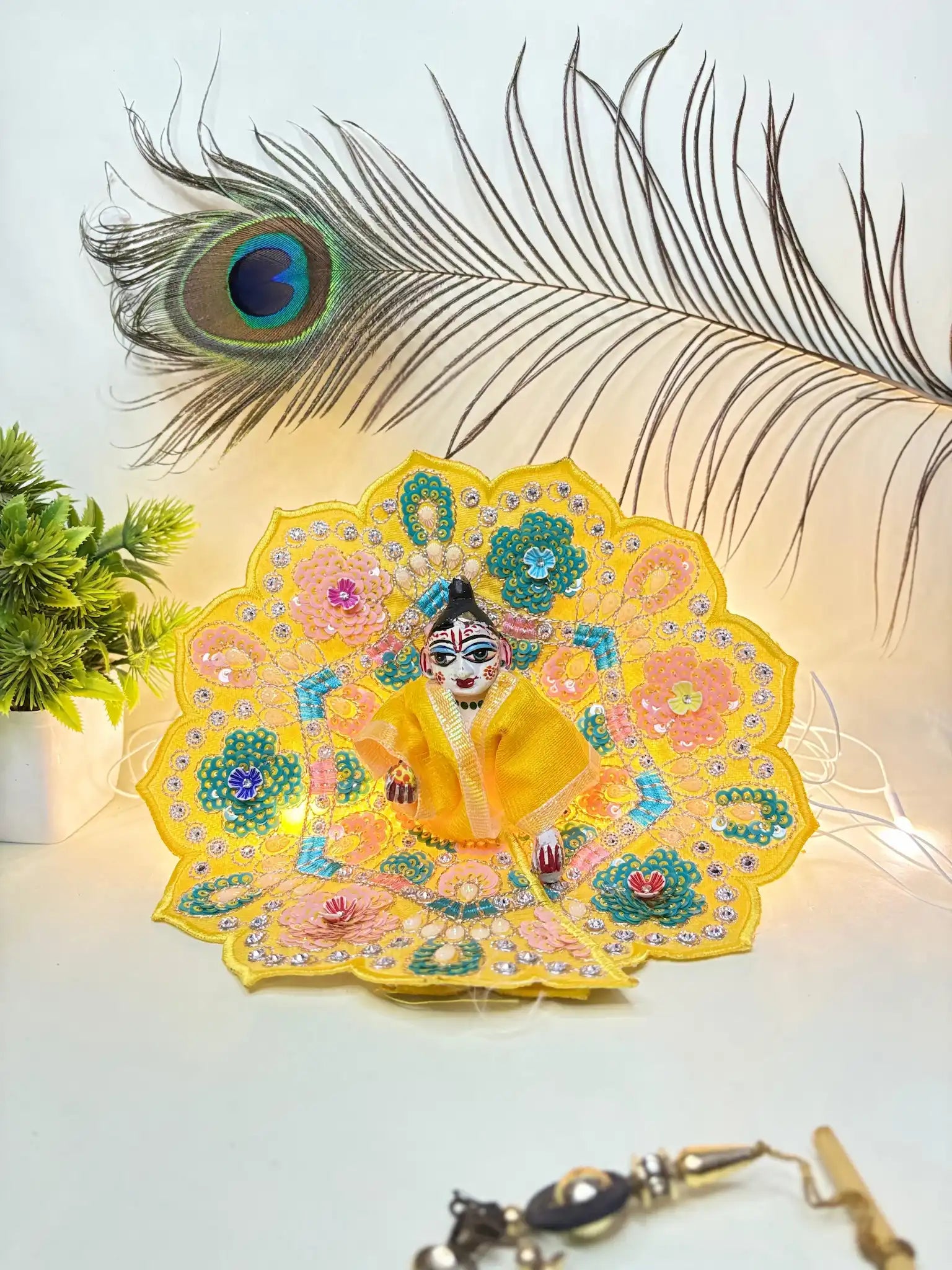 Yellow Designer Laddu Gopal Poshak - Size 4 | Sequin Floral Embroidered Deity Dress